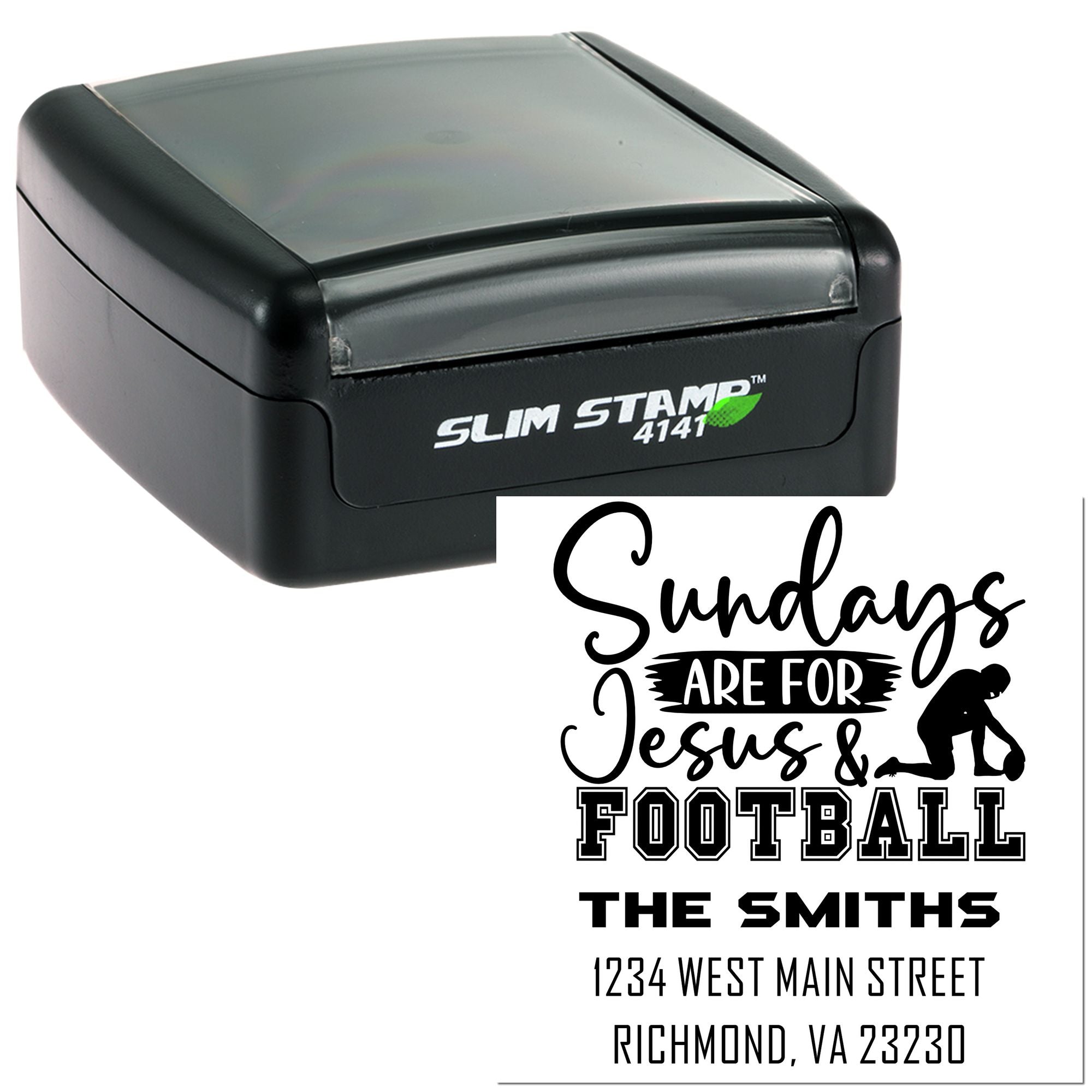 Custom self-inking rubber address stamp with Sunday football design, The Smiths family name, and mailing address.