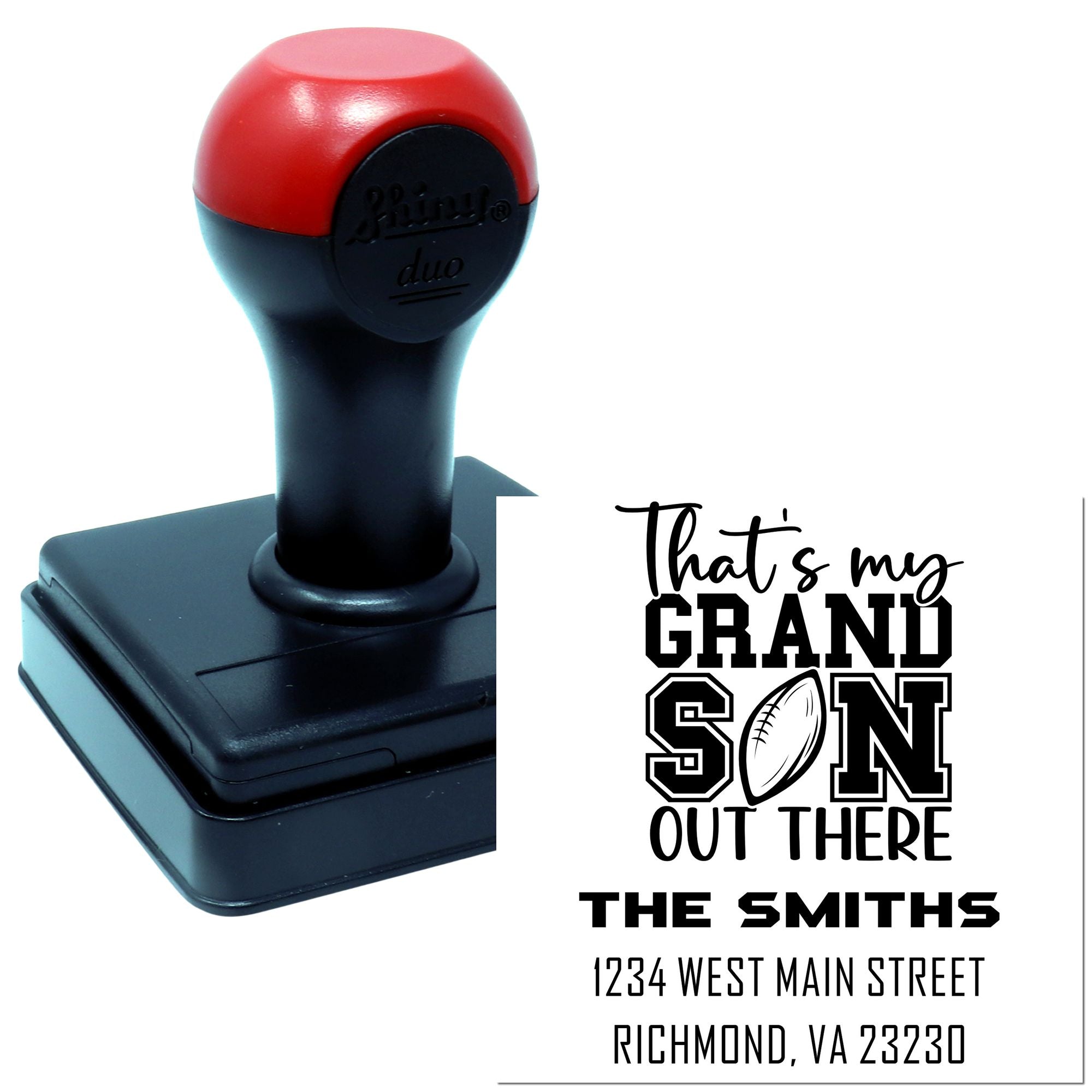 Custom self-inking rubber stamp with football-themed Thats my grandson out there address design for proud grandparents.