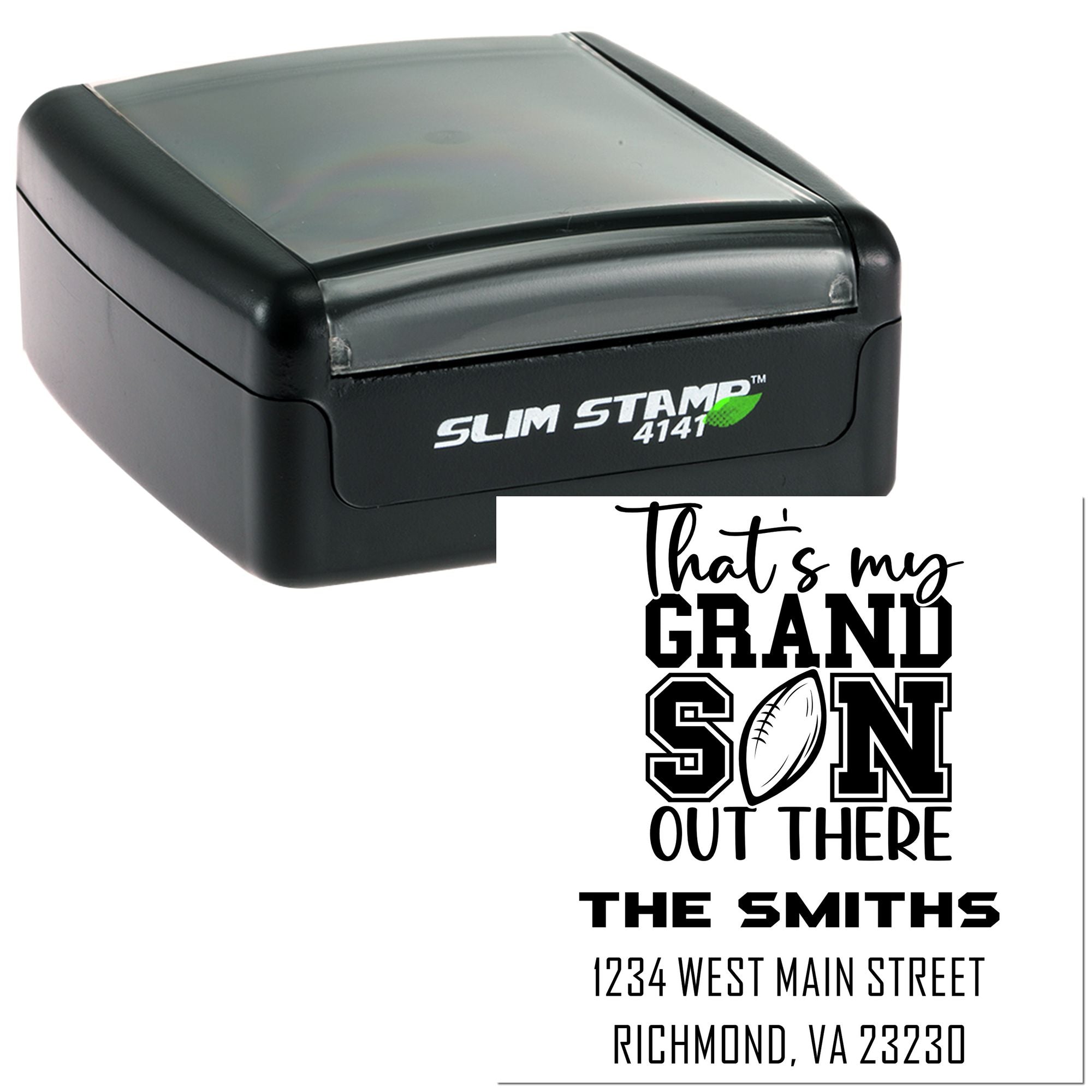 Slim self-inking rubber stamp with grand son football address design and custom family name imprint