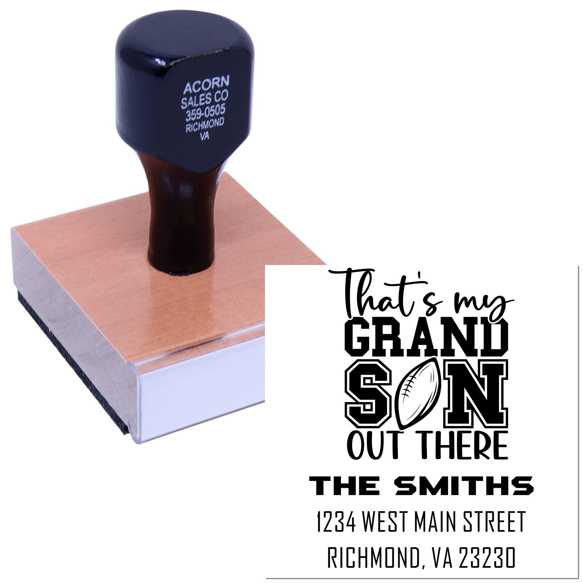 Custom rubber stamp with grandson football design, family name, and Richmond, VA address for personalized mailings.