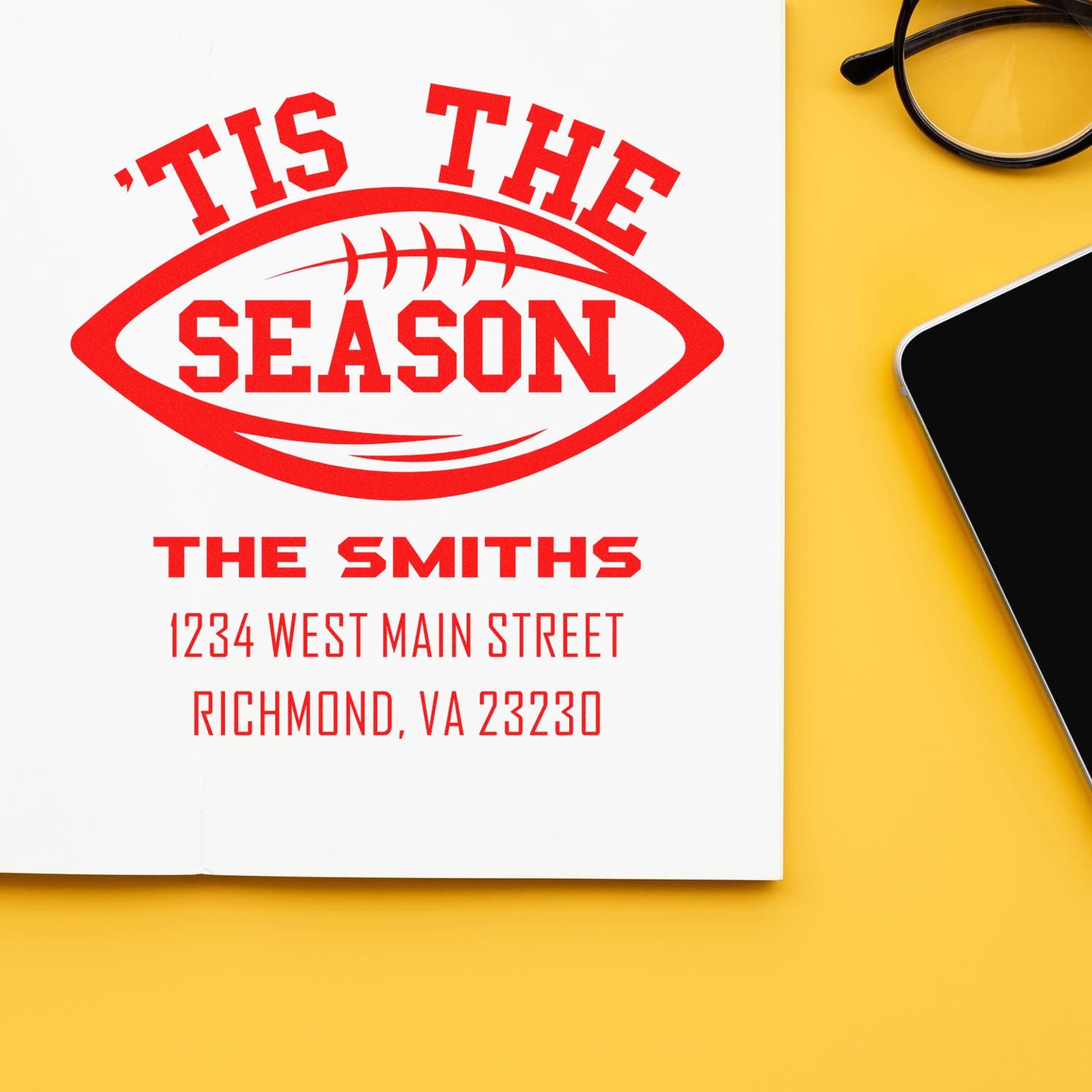 Custom rubber stamp design with Tis the Season football graphic and The Smiths return address