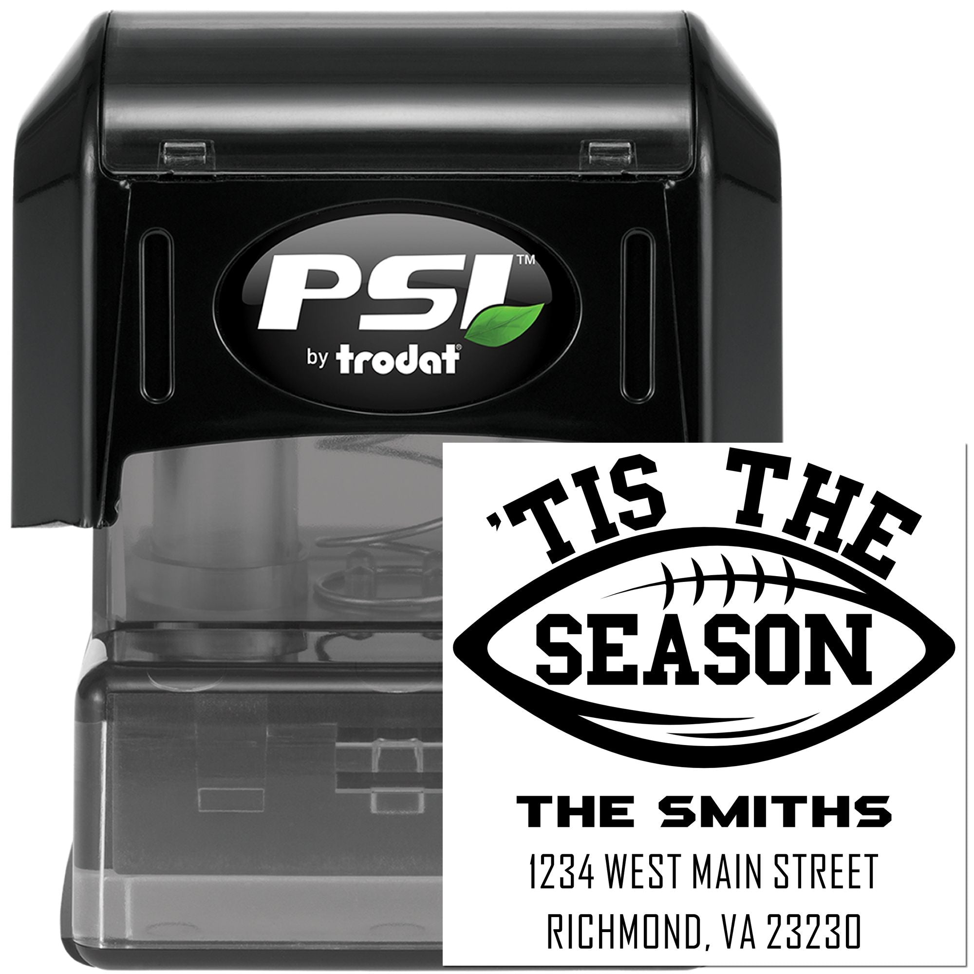 Custom self-inking rubber stamp by PSI Trodat featuring a football-themed Tis the Season holiday address design for The Smiths.