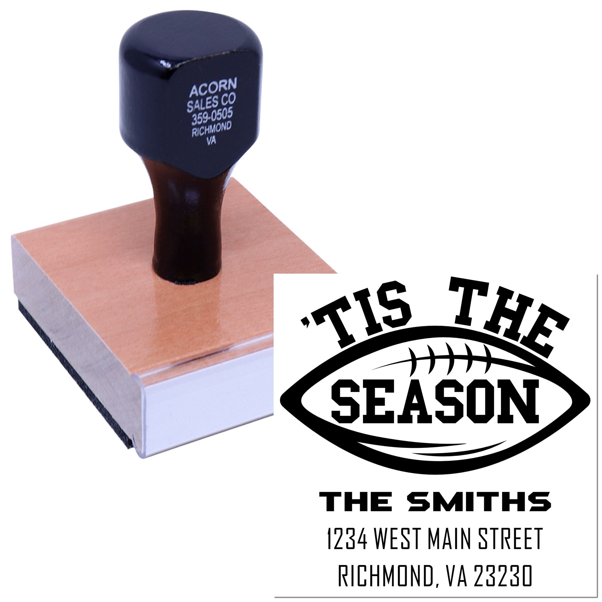 Custom football-themed address rubber stamp with "Tis the Season" design for holiday cards and sports fan mailings.