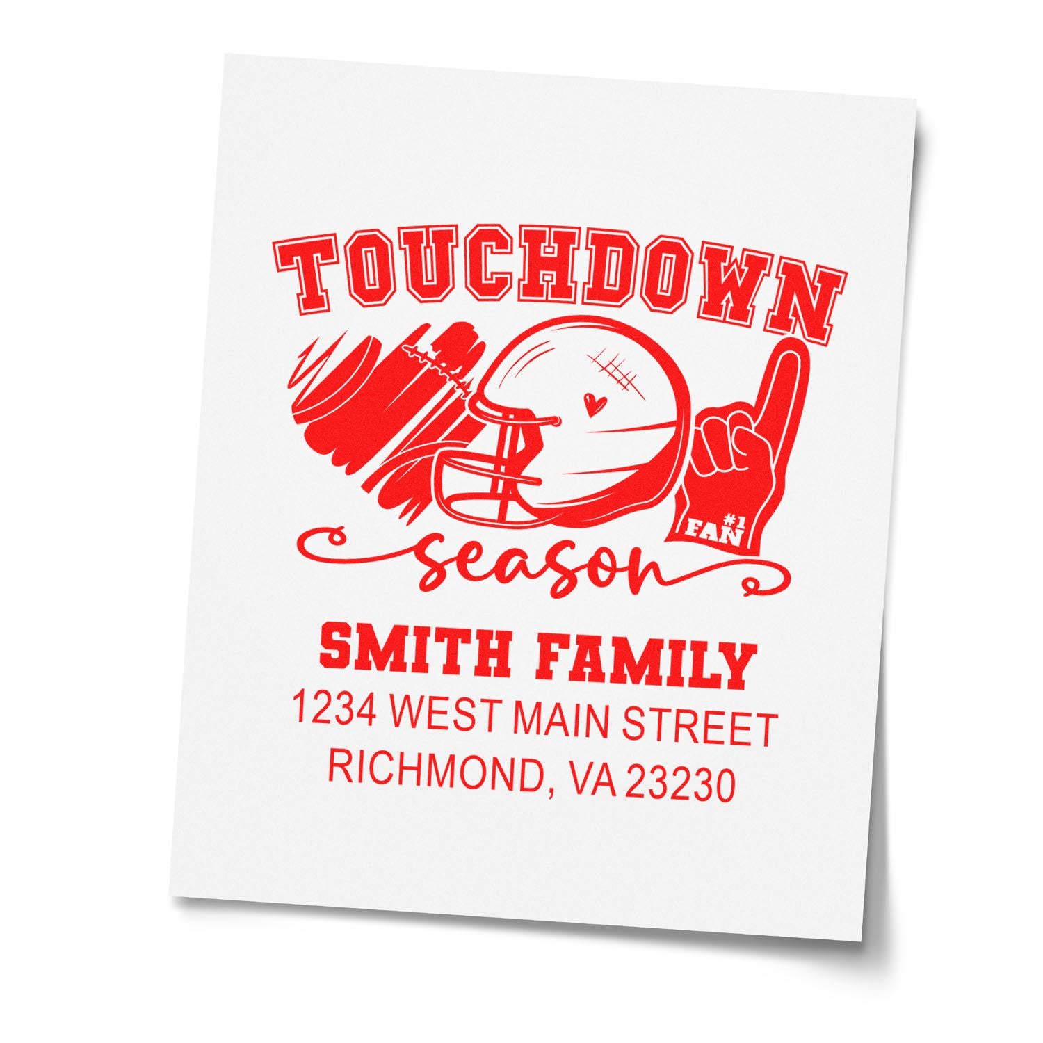 Custom football touchdown season family return address rubber stamp with helmet, foam finger, and personalized name and address.