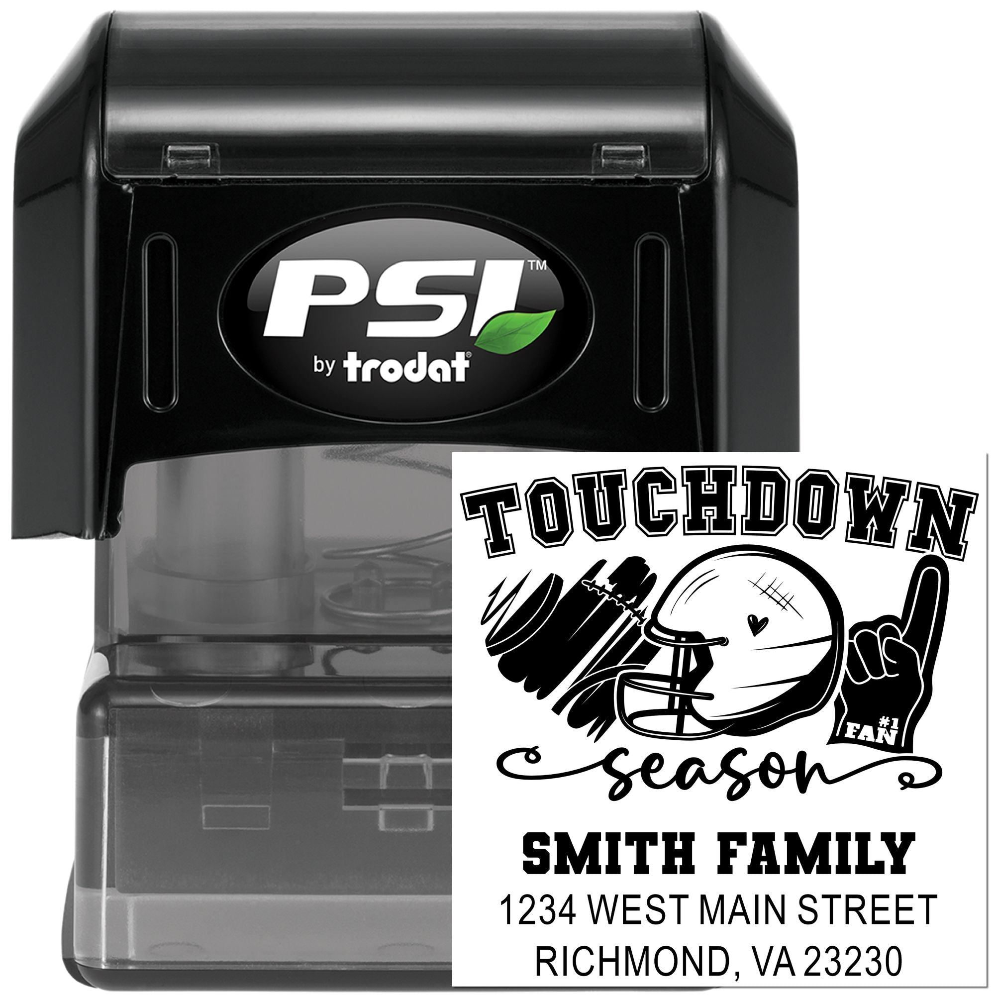 Personalized football touchdown self-inking rubber stamp by PSI Trodat with custom family name and address