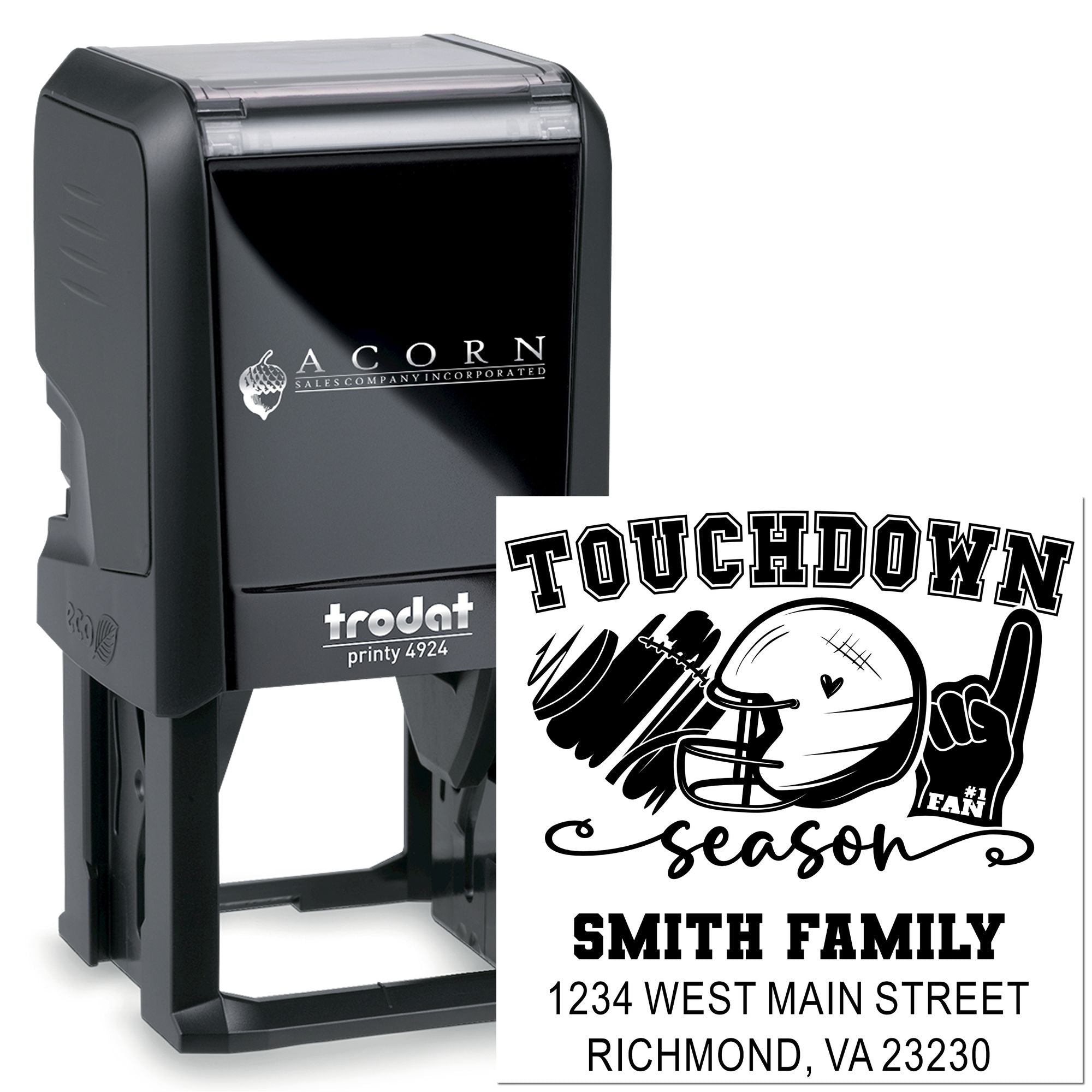 Custom self-inking Trodat rubber stamp with football touchdown design and Smith family address for seasonal mail and envelopes.