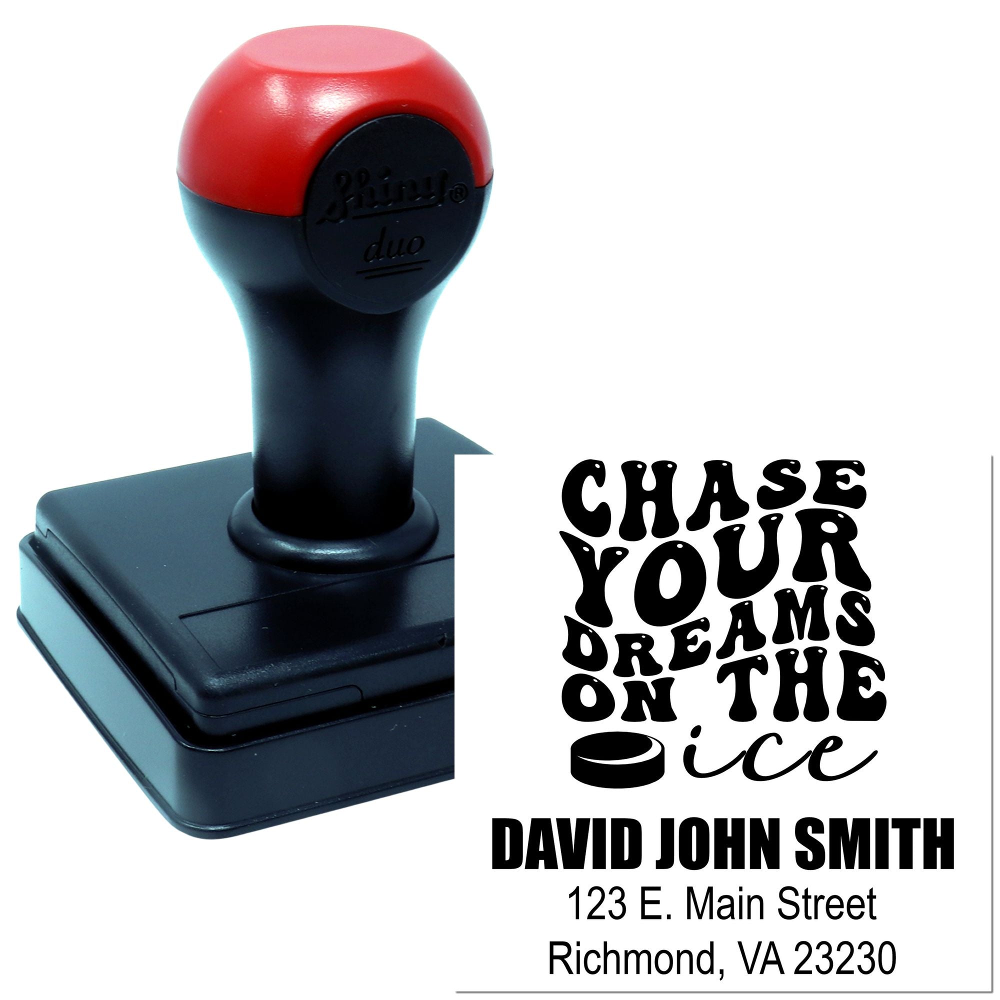 Custom self-inking address rubber stamp with personalized name and motivational quote for business mailing.