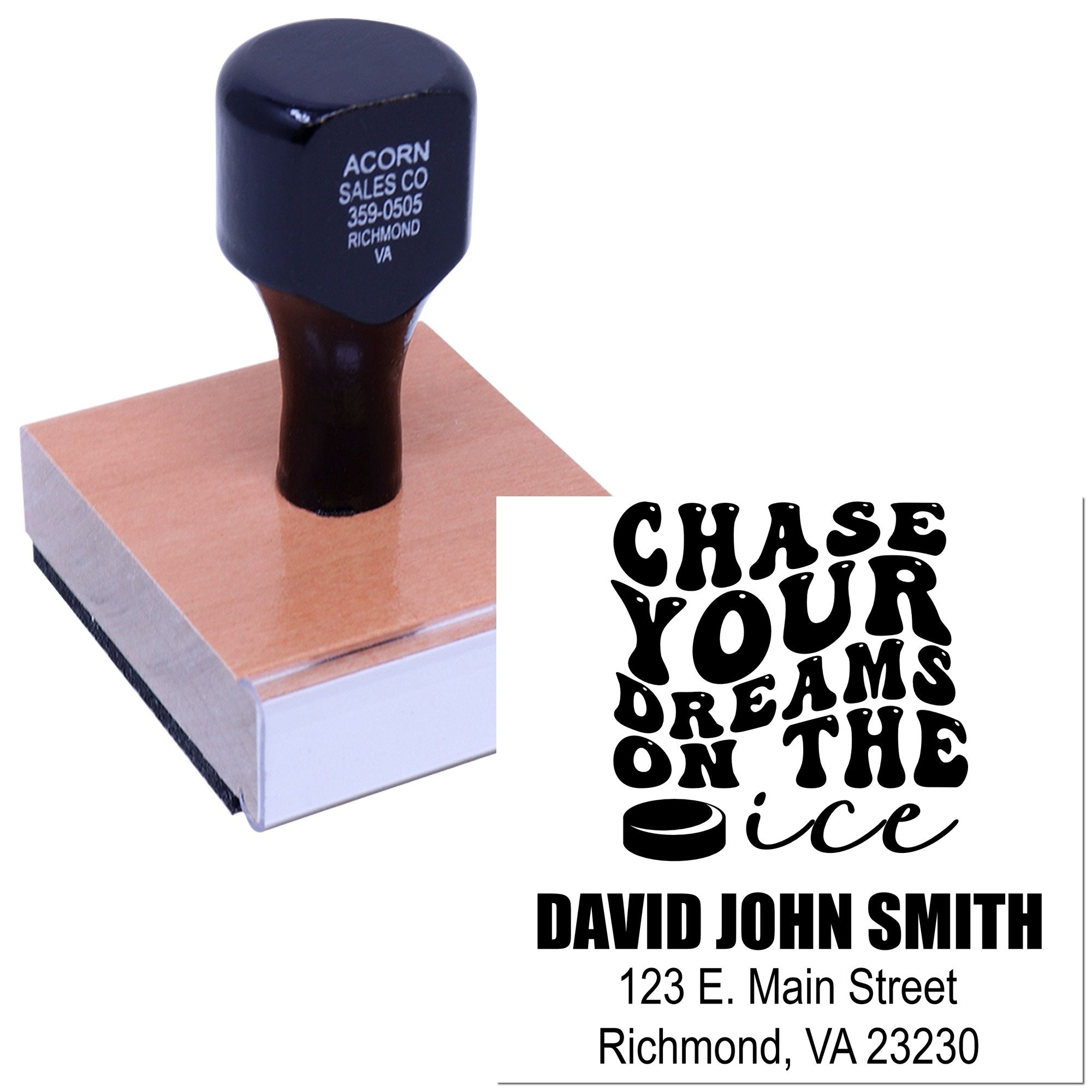 Custom rubber stamp for personalized business name and address imprinting, featuring decorative Chase Your Dreams design.