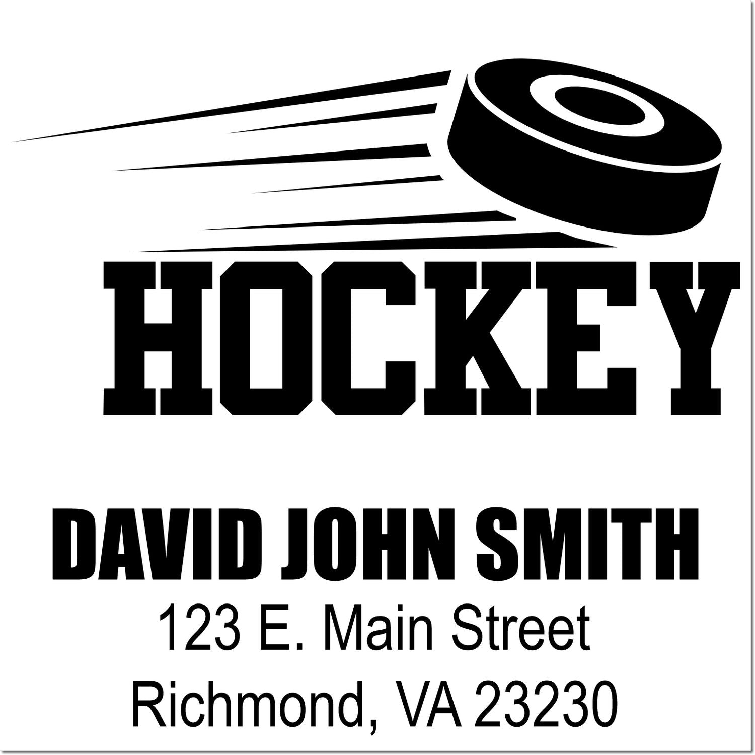 Custom hockey rubber stamp with puck graphic, name, and address for David John Smith in Richmond, VA