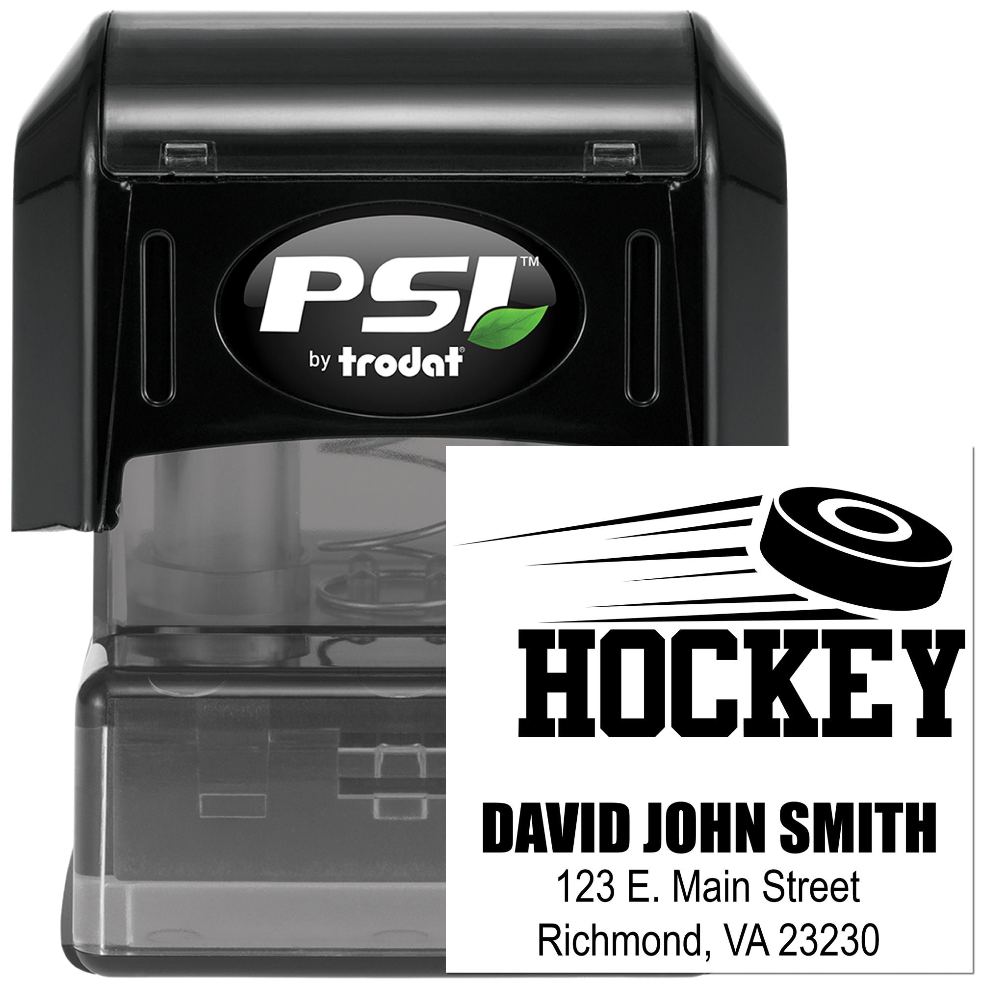 Custom hockey self-inking rubber stamp by PSI Trodat with name and address for team gear, sports mailings, or fan branding.