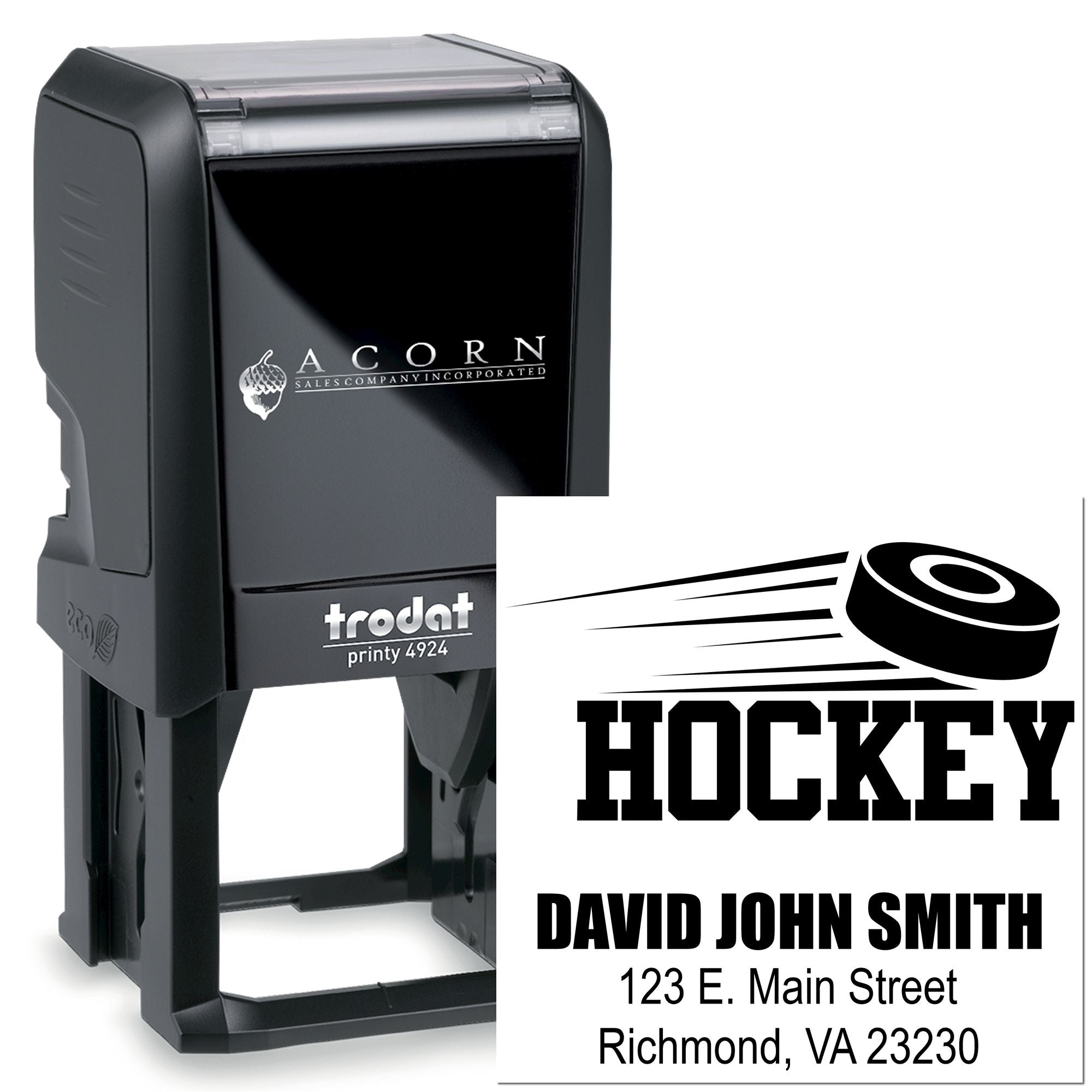 Custom self-inking hockey rubber stamp with personalized name and address imprint for team mail and branding.