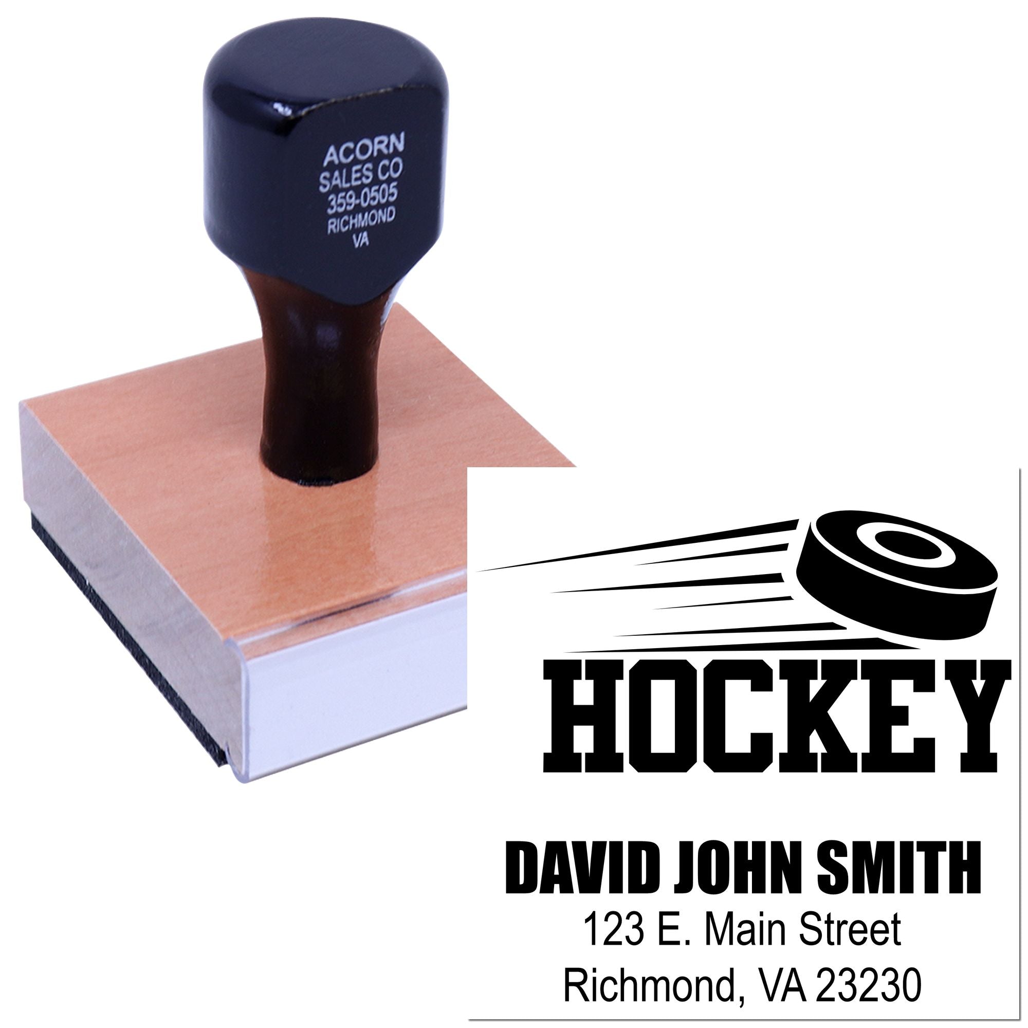 Custom hockey address rubber stamp with personalized name, street address, and team logo for mailing and branding.