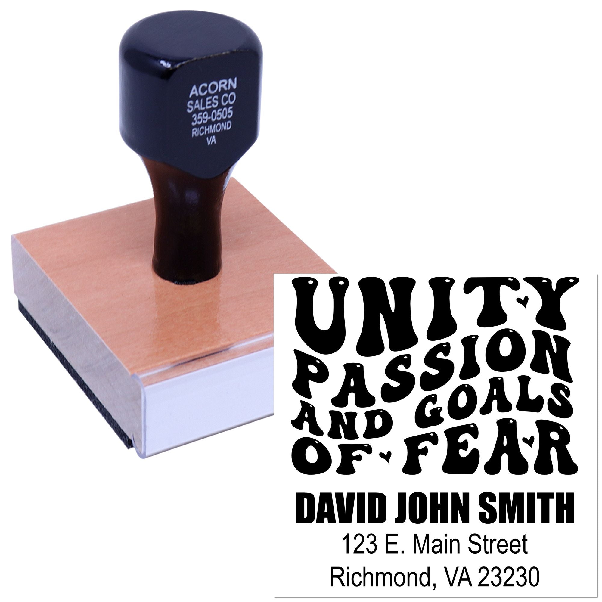 Custom rubber stamp with Unity Passion Goals and Fear design and personalized name and address for branding.