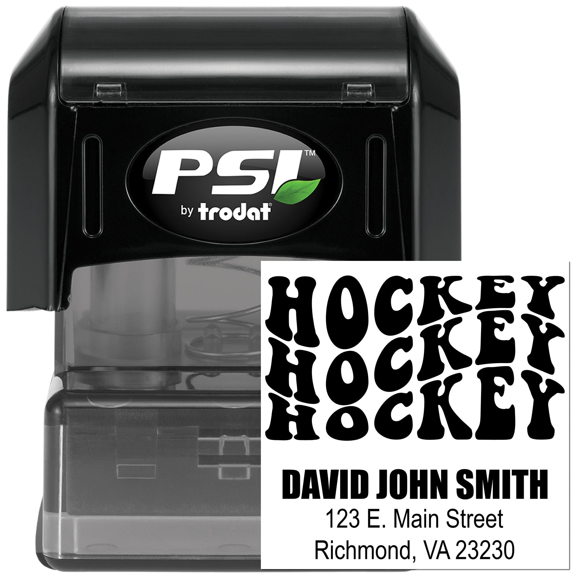 PSI by Trodat self-inking custom rubber stamp with Hockey Hockey design and return address for personalized mailing.