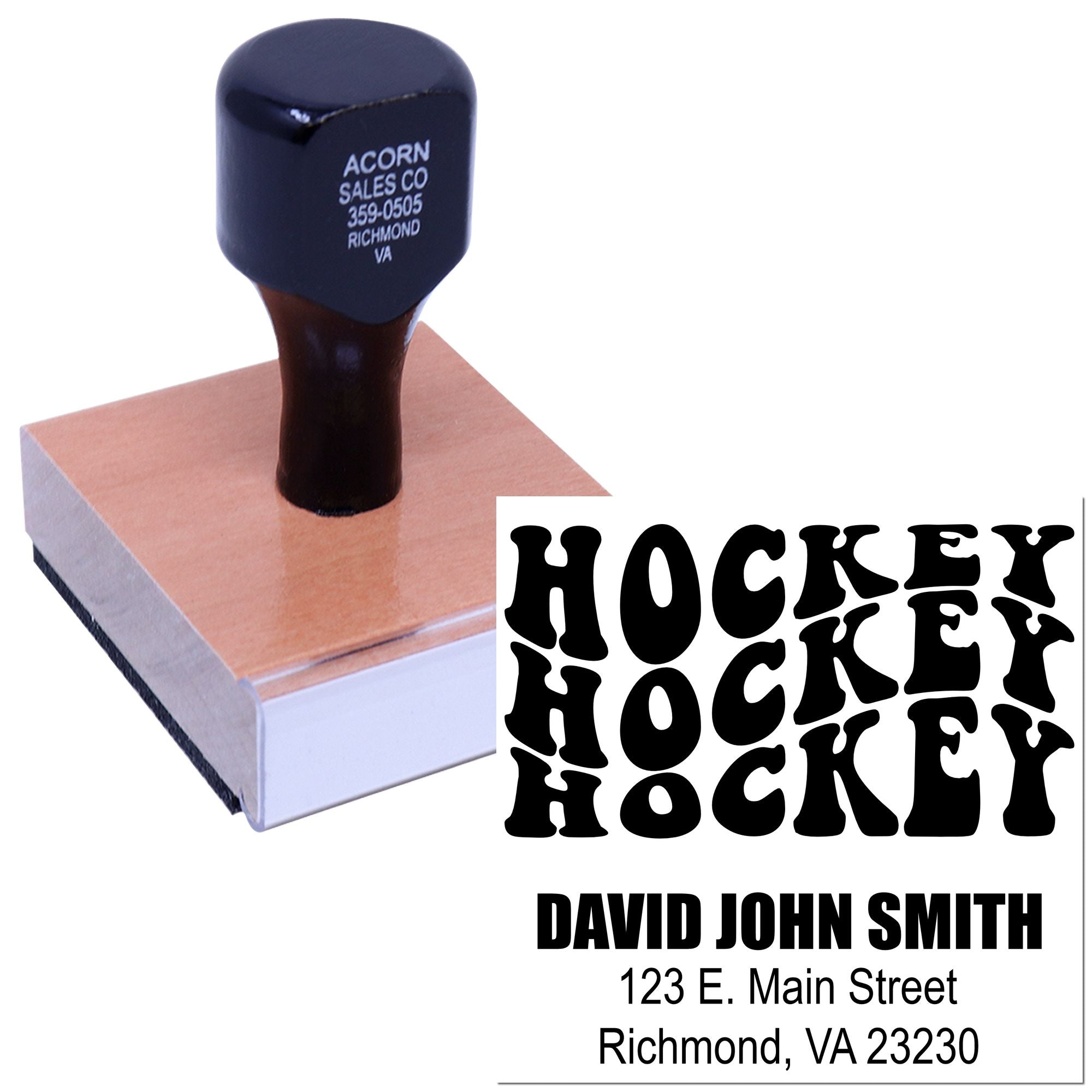 Custom hockey rubber stamp with personalized name and address for business branding and fan merchandise.