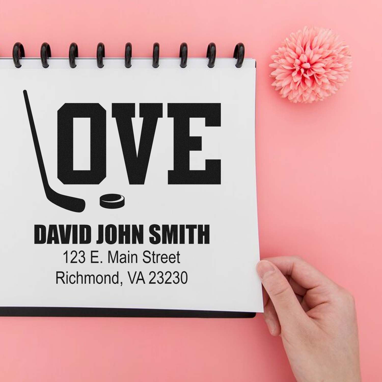 Custom hockey love rubber stamp with personalized name and address for stationery, gifts, or sports-themed crafts.