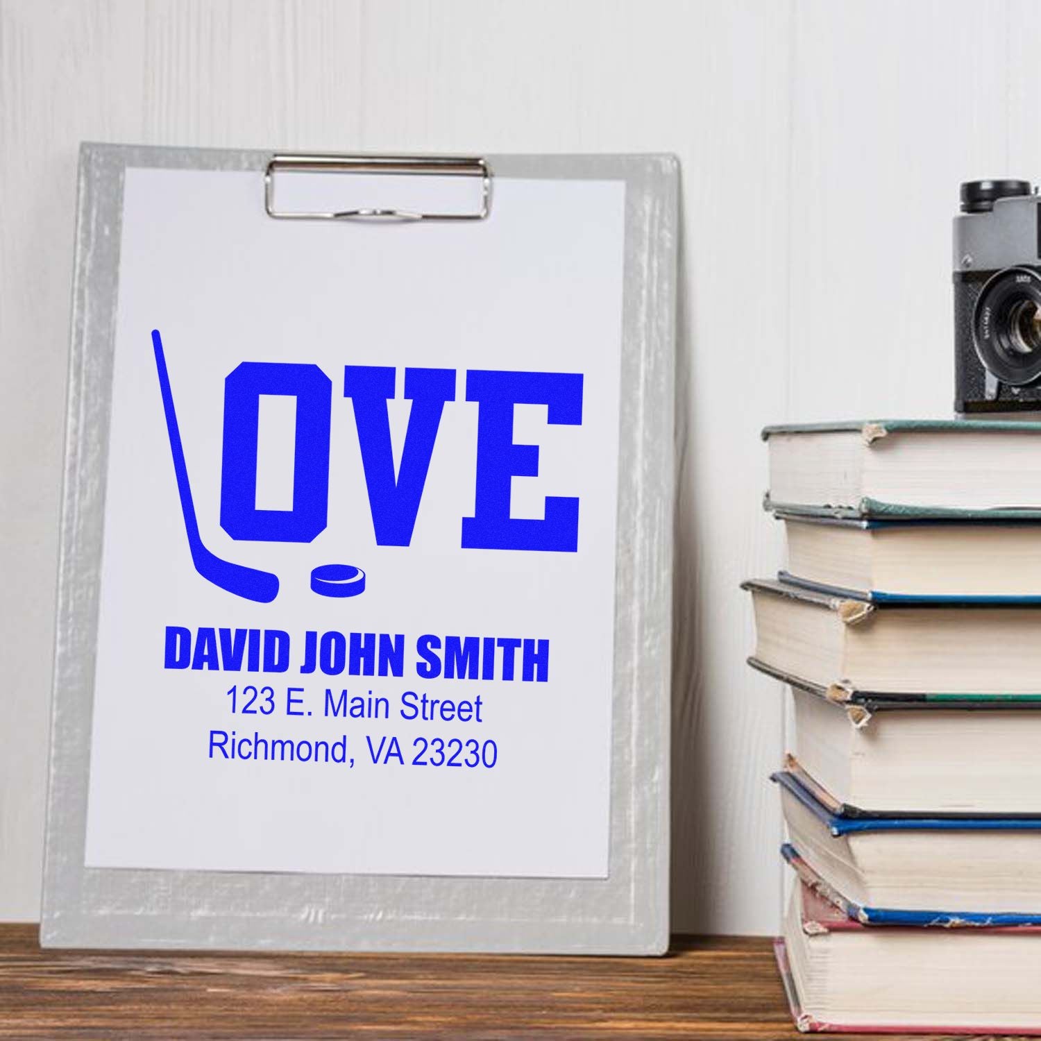 Custom hockey love rubber stamp with name and address, ideal for personalized return address stamps and sports stationery.