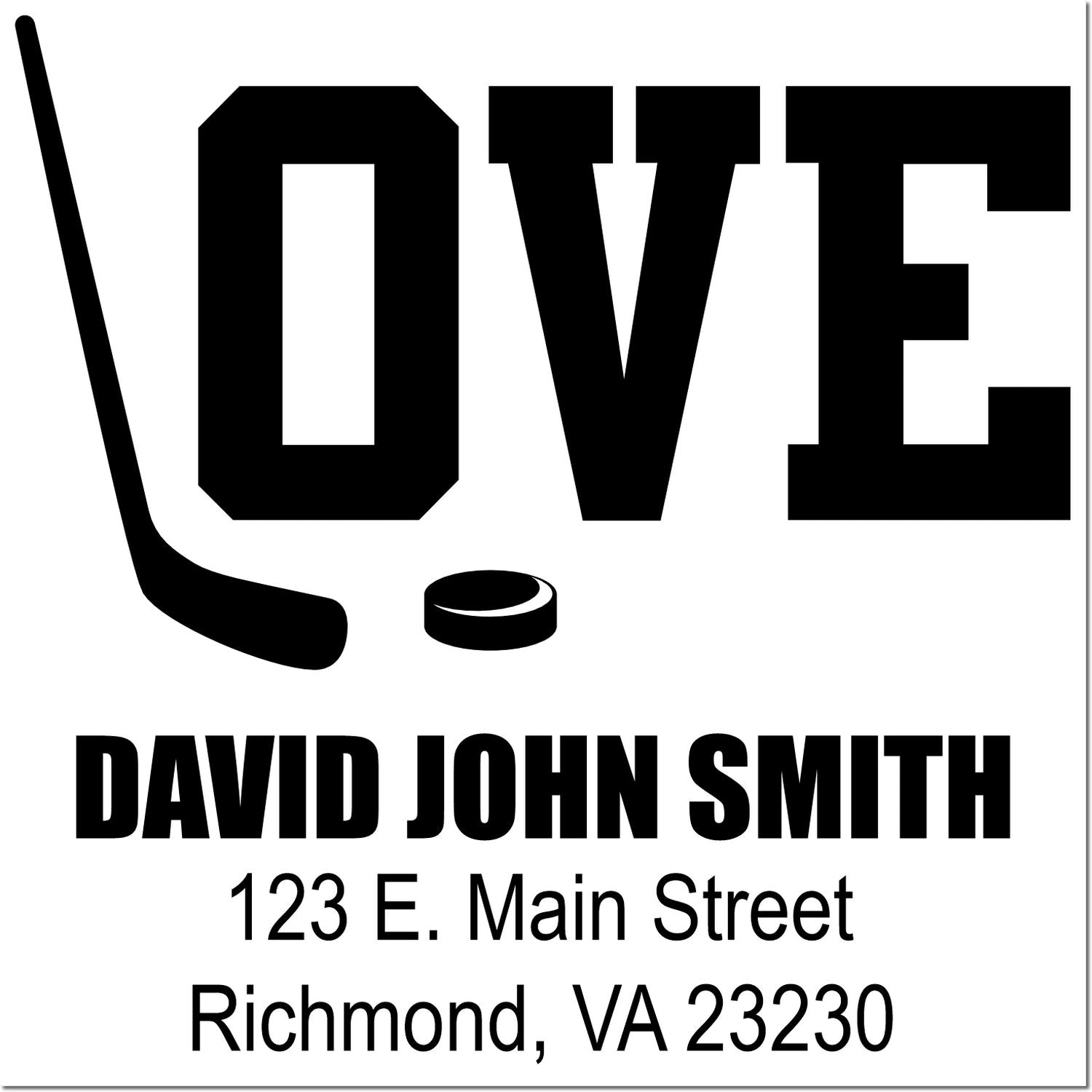 Custom hockey love rubber stamp with stick and puck, personalized for David John Smith, Richmond, VA address.