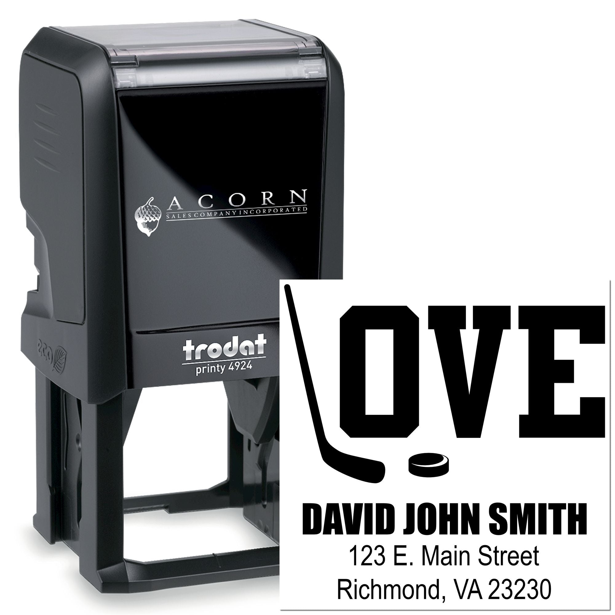 Custom Trodat Printy 4924 self-inking rubber stamp with LOVE hockey design and return address imprint for personalized mailing.