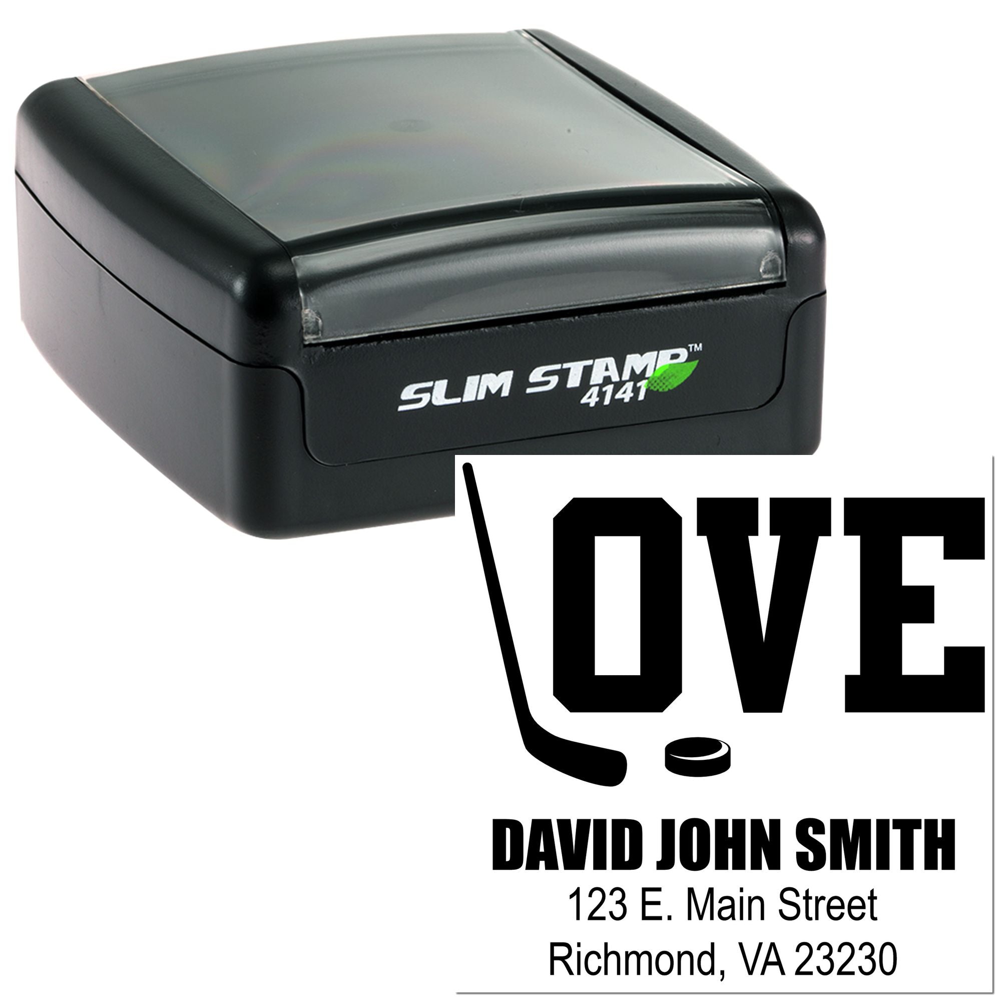 Custom self-inking rubber stamp for David John Smith with hockey logo and address, Slim Stamp 4141 personalized business stamp