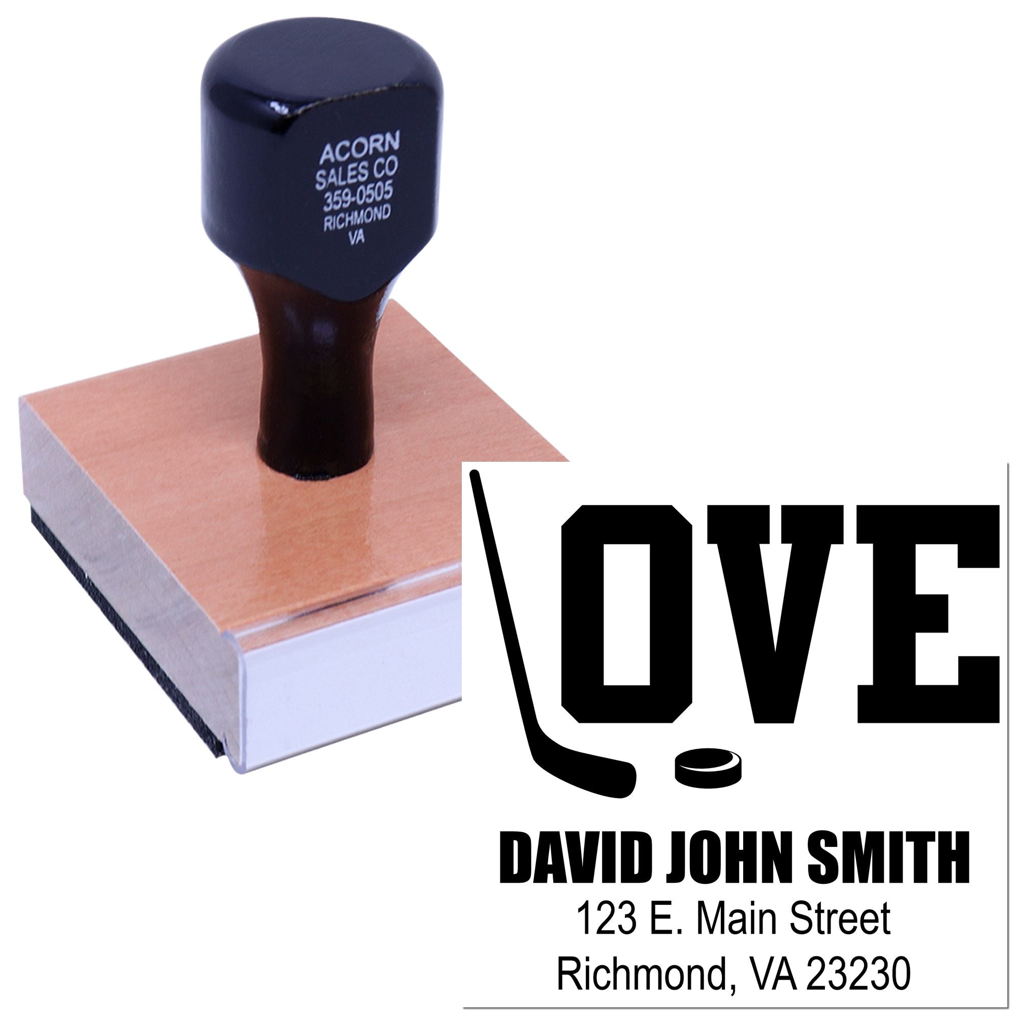 Personalized golf rubber stamp with custom name and address, featuring LOVE golf club and ball design.