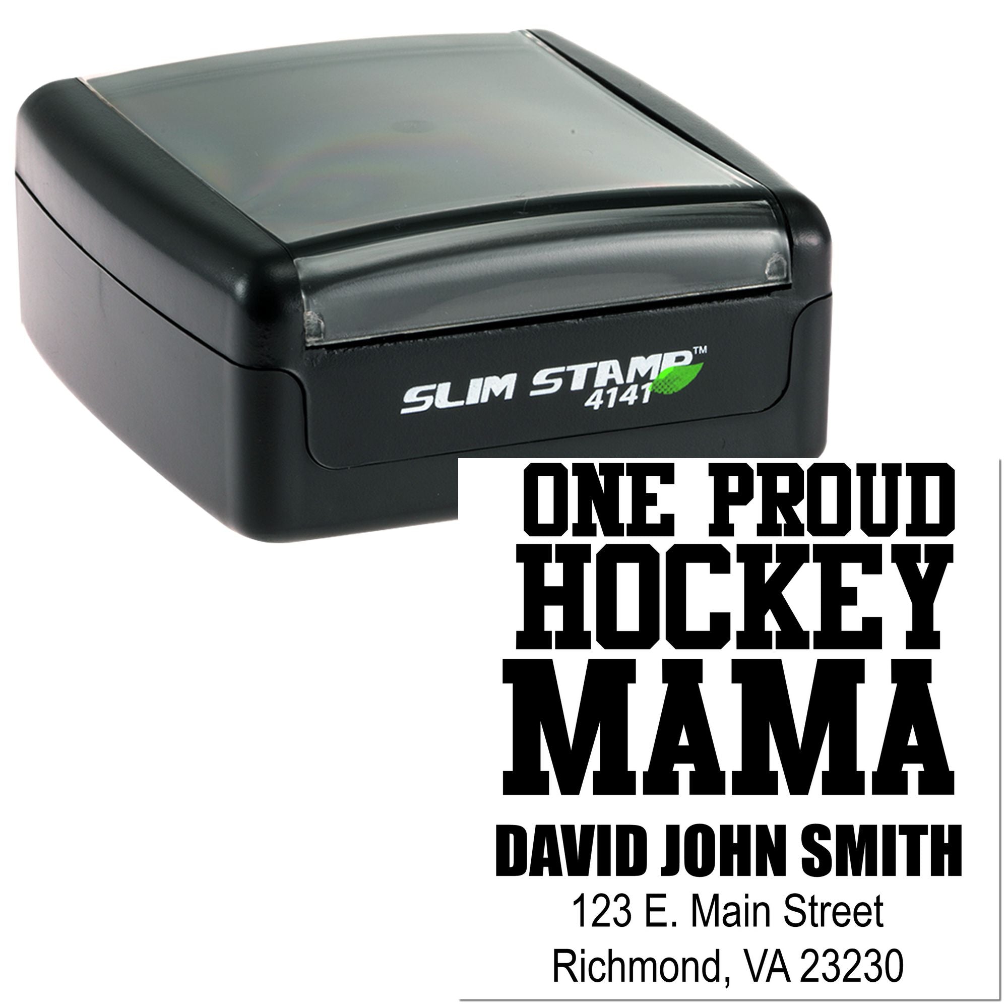 Self-inking Slim Stamp custom rubber stamp with One Proud Hockey Mama return address design for personalized mailing.