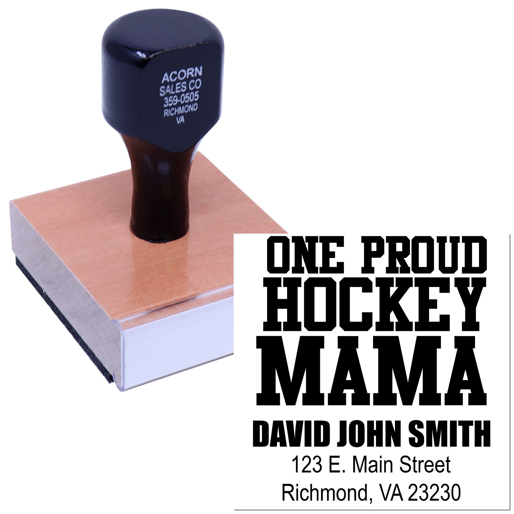 Custom rubber stamp for a proud hockey mama, featuring name and address for personalized mail, crafts, and labeling.