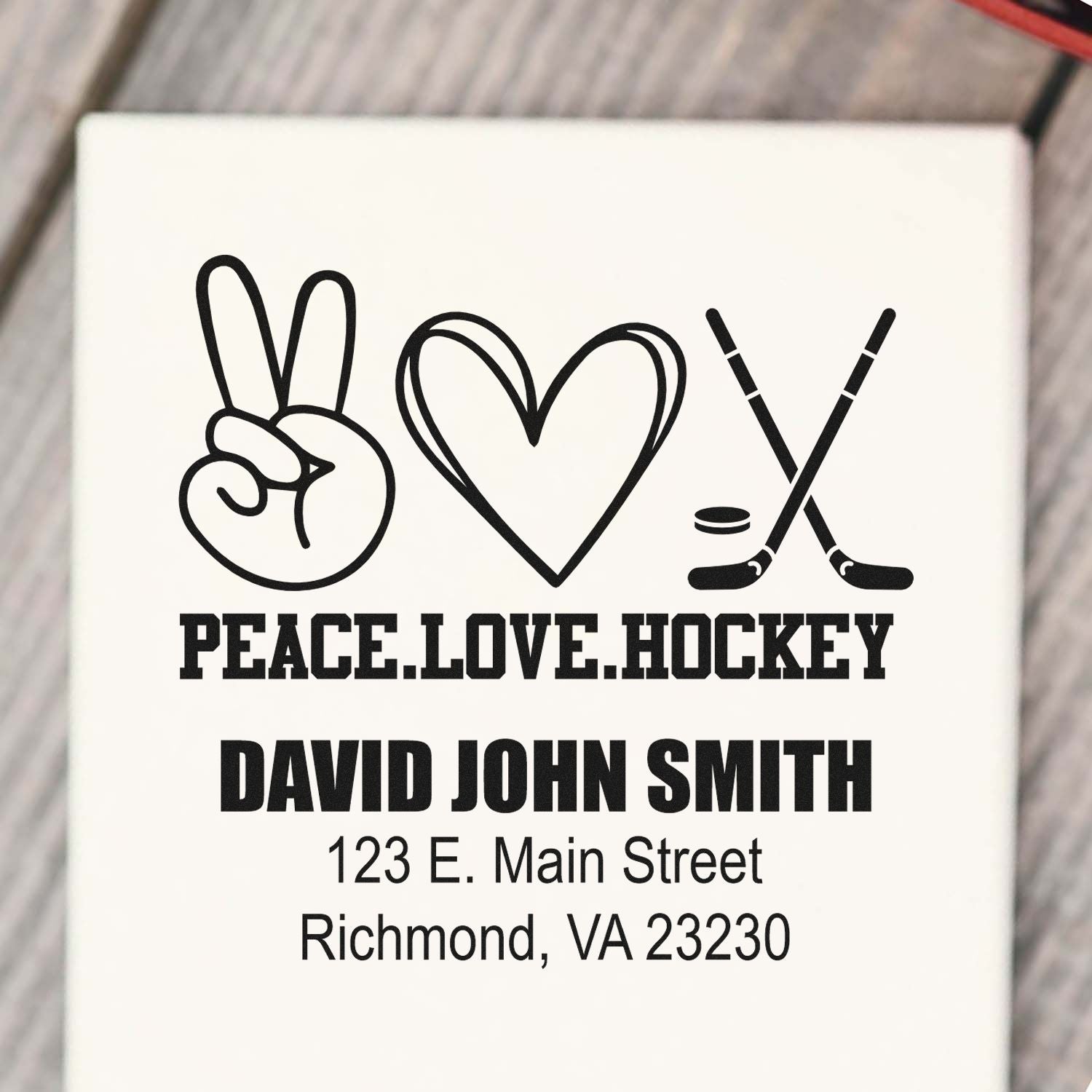 Personalized rubber stamp featuring peace love hockey design with David John Smith name and Richmond, VA address.