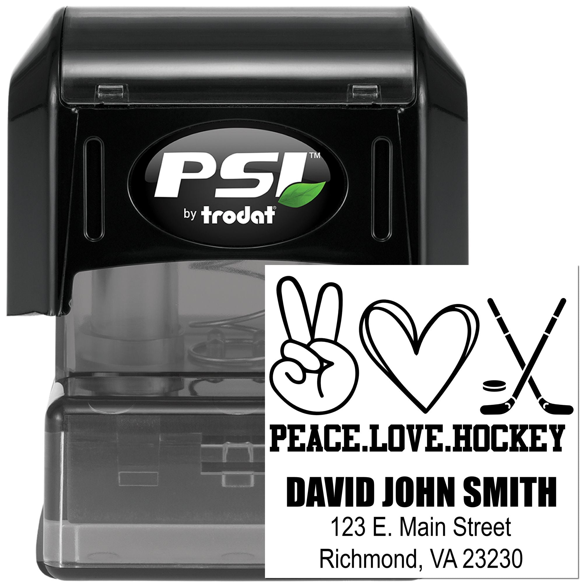 Custom self-inking rubber stamp with Peace Love Hockey design, name, and address for personalized mailing and branding.