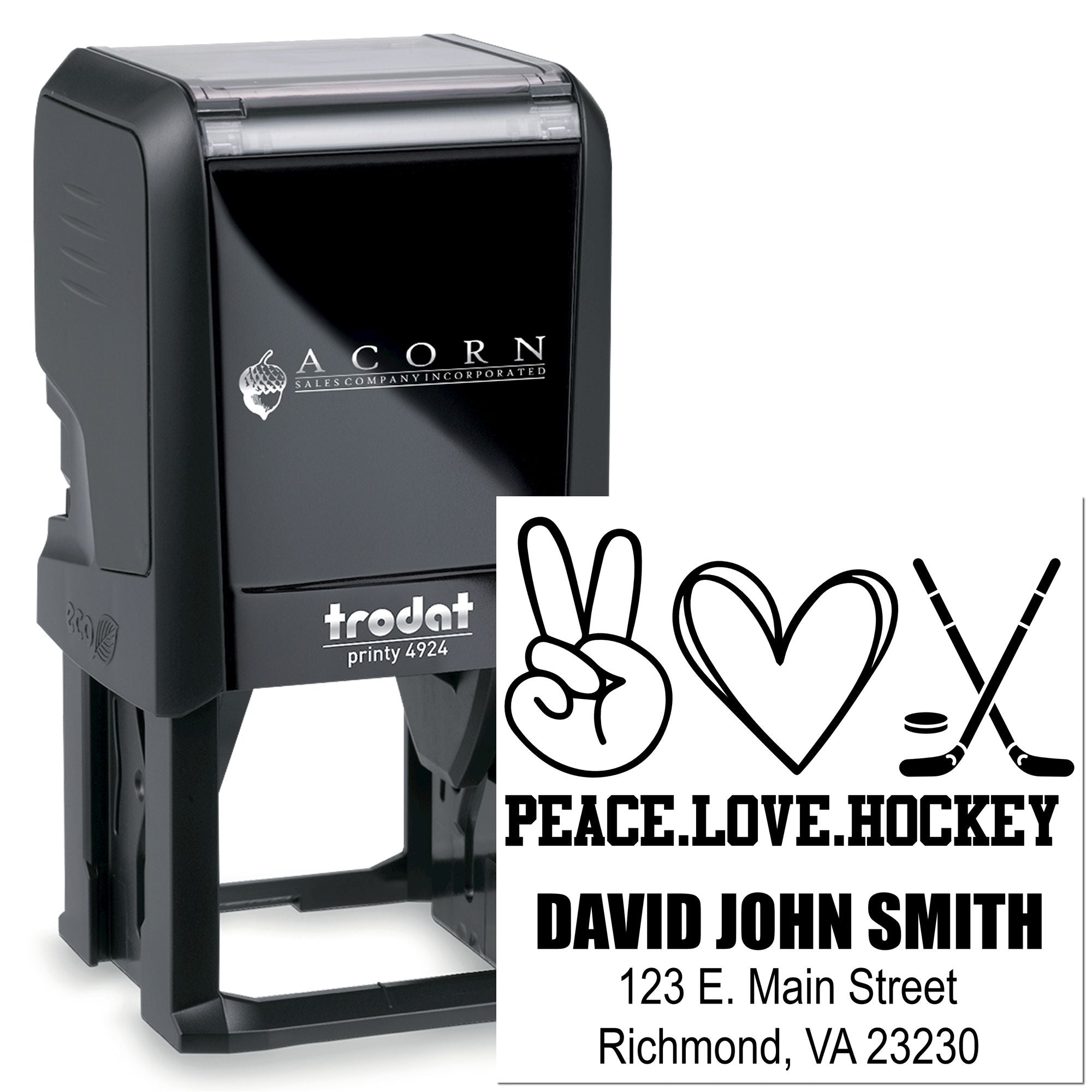 Custom self-inking rubber stamp with personalized Peace Love Hockey design, name, and address for branding or club use.