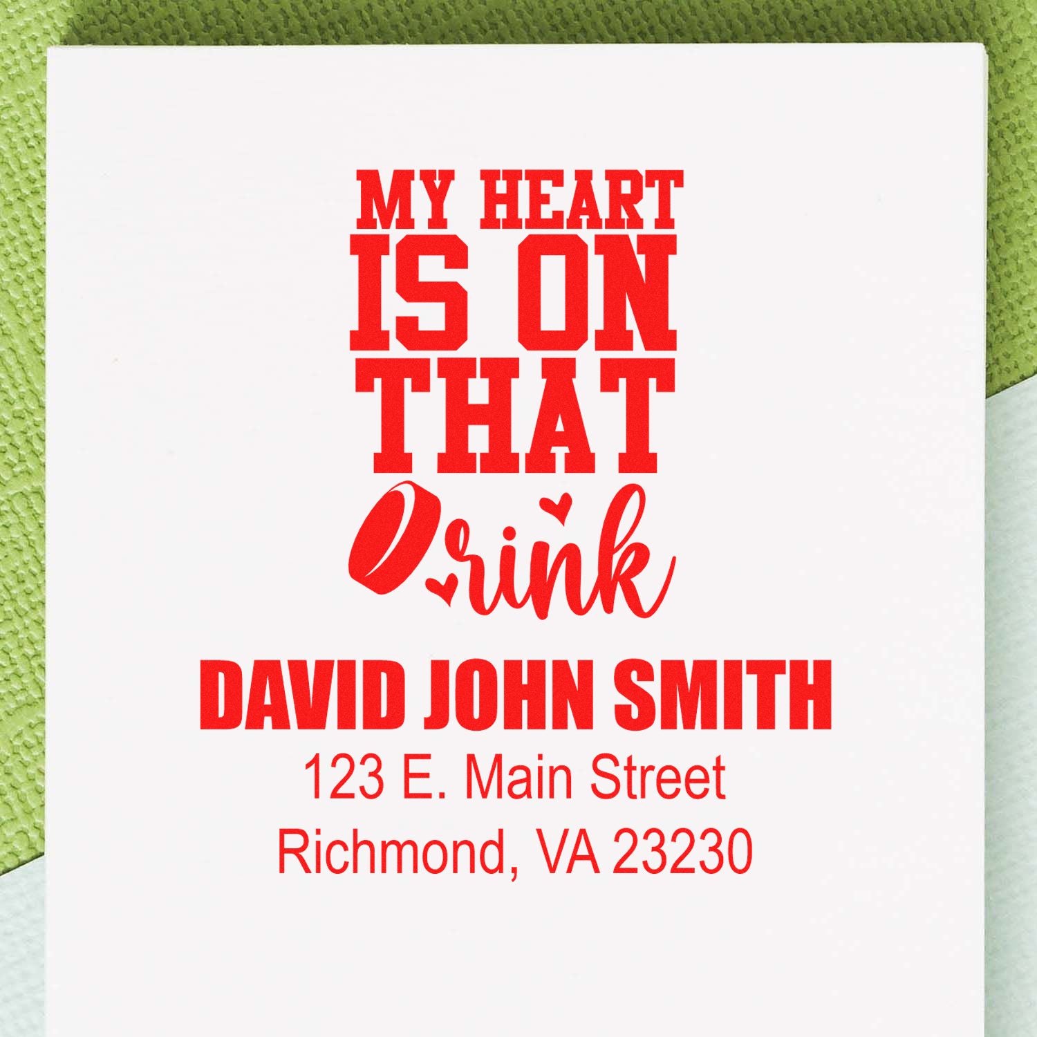 Custom return address rubber stamp with My Heart Is on That Drink and personalized name and address.