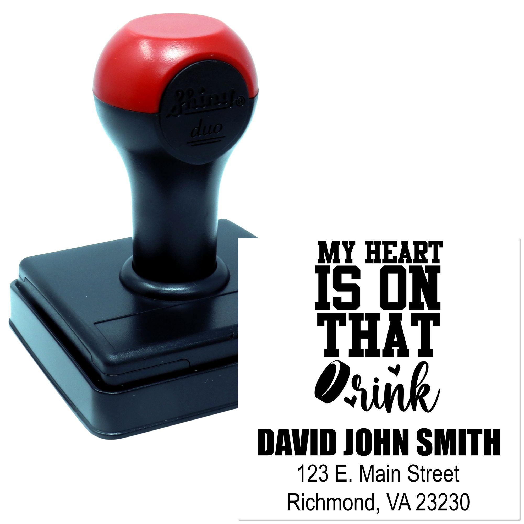 Custom self-inking rubber stamp with My Heart Is On That Drink design and personalized name and address imprint.