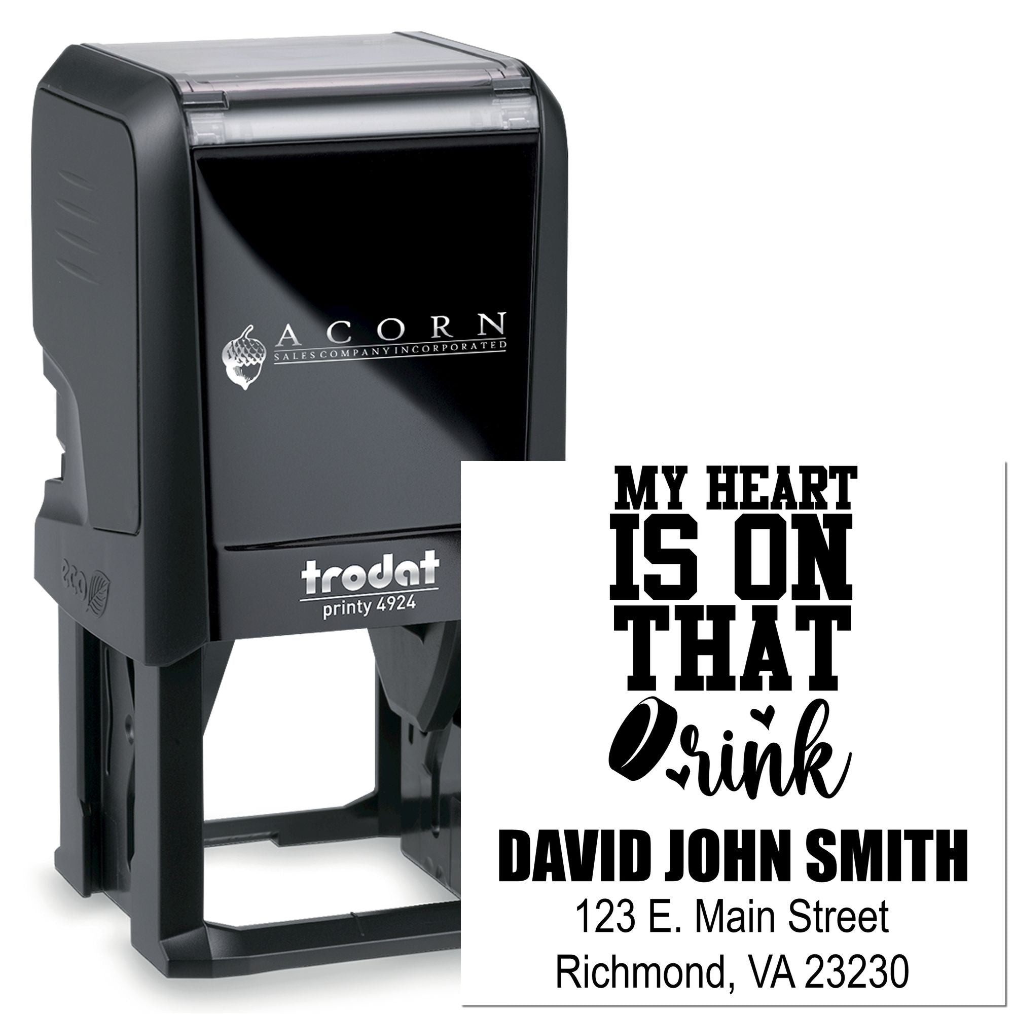 Custom self-inking rubber stamp with personalized quote, name, and address for business or gift use.