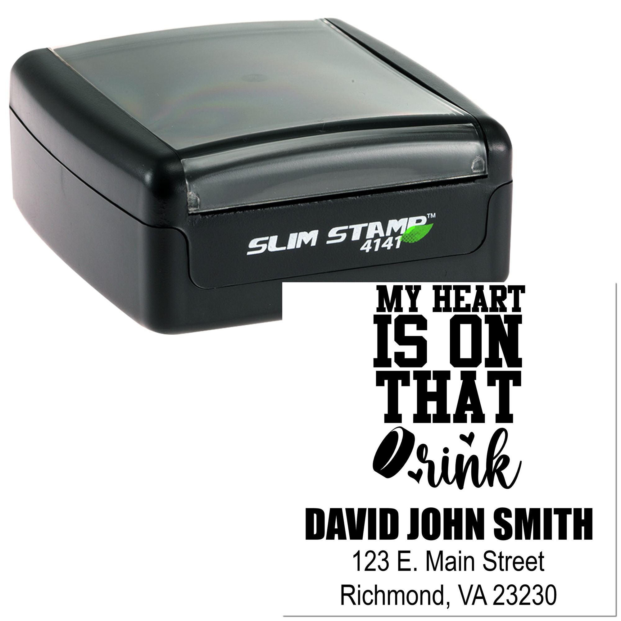 Slim self-inking rubber stamp with custom address imprint and My Heart Is on That Drink personalized text.