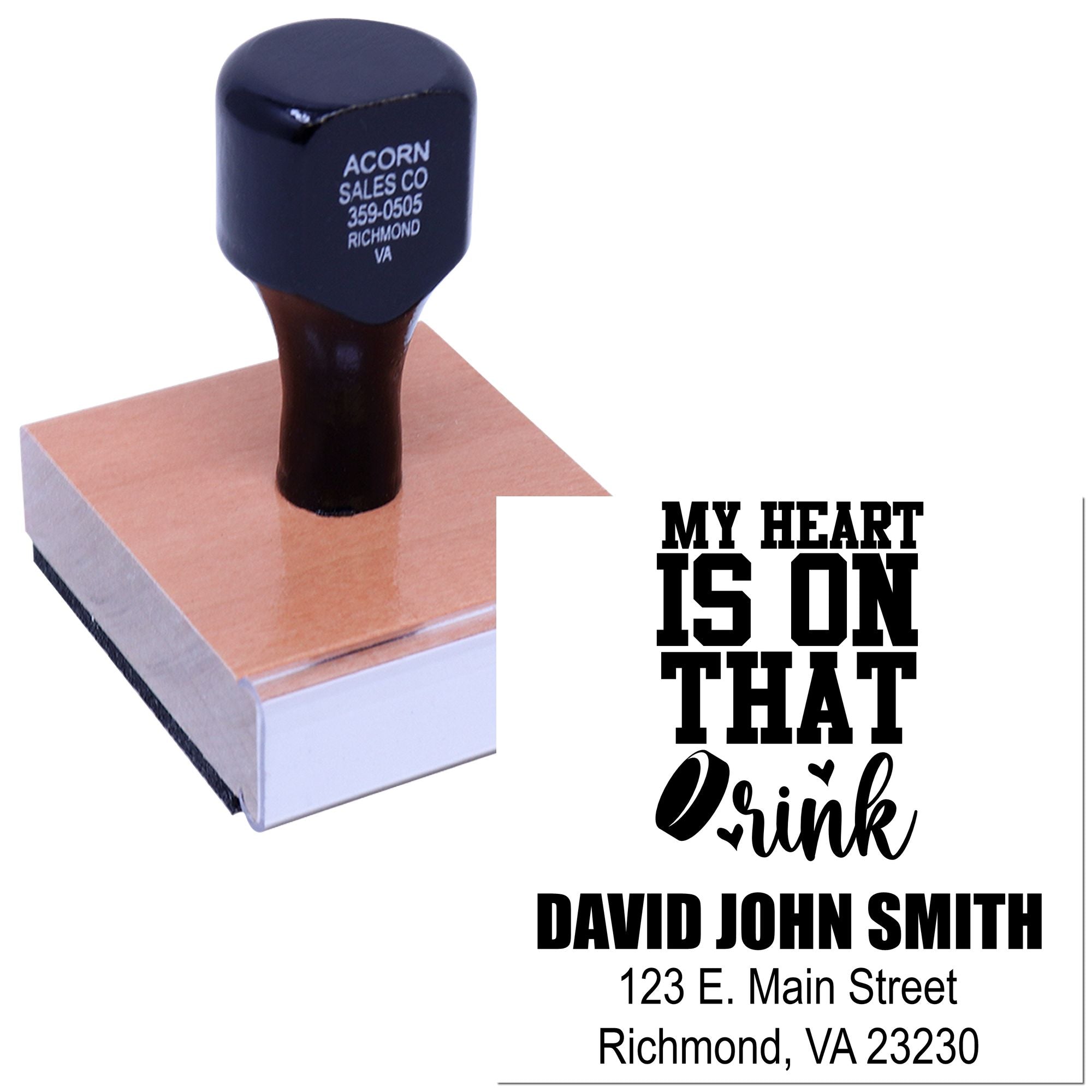 Personalized rubber stamp with My Heart Is On That Drink and custom name and address for wedding favors.