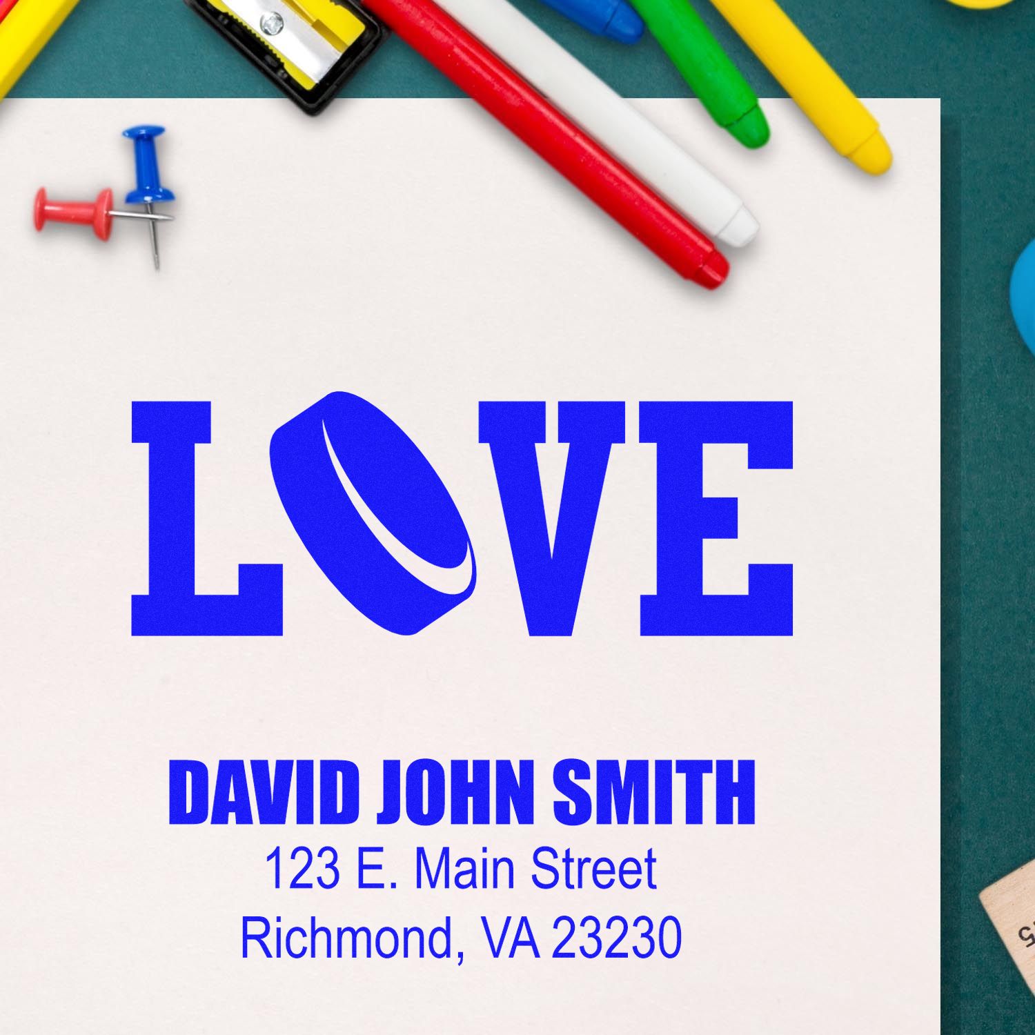Custom rubber stamp with LOVE design and personalized name and address for stationery, cards, or mailing.
