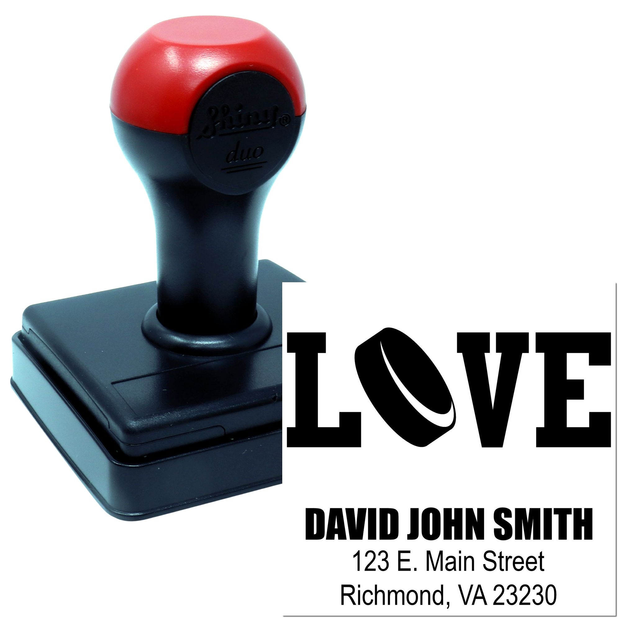Custom self-inking rubber return address stamp with LOVE design, David John Smith, Richmond, VA 23230.
