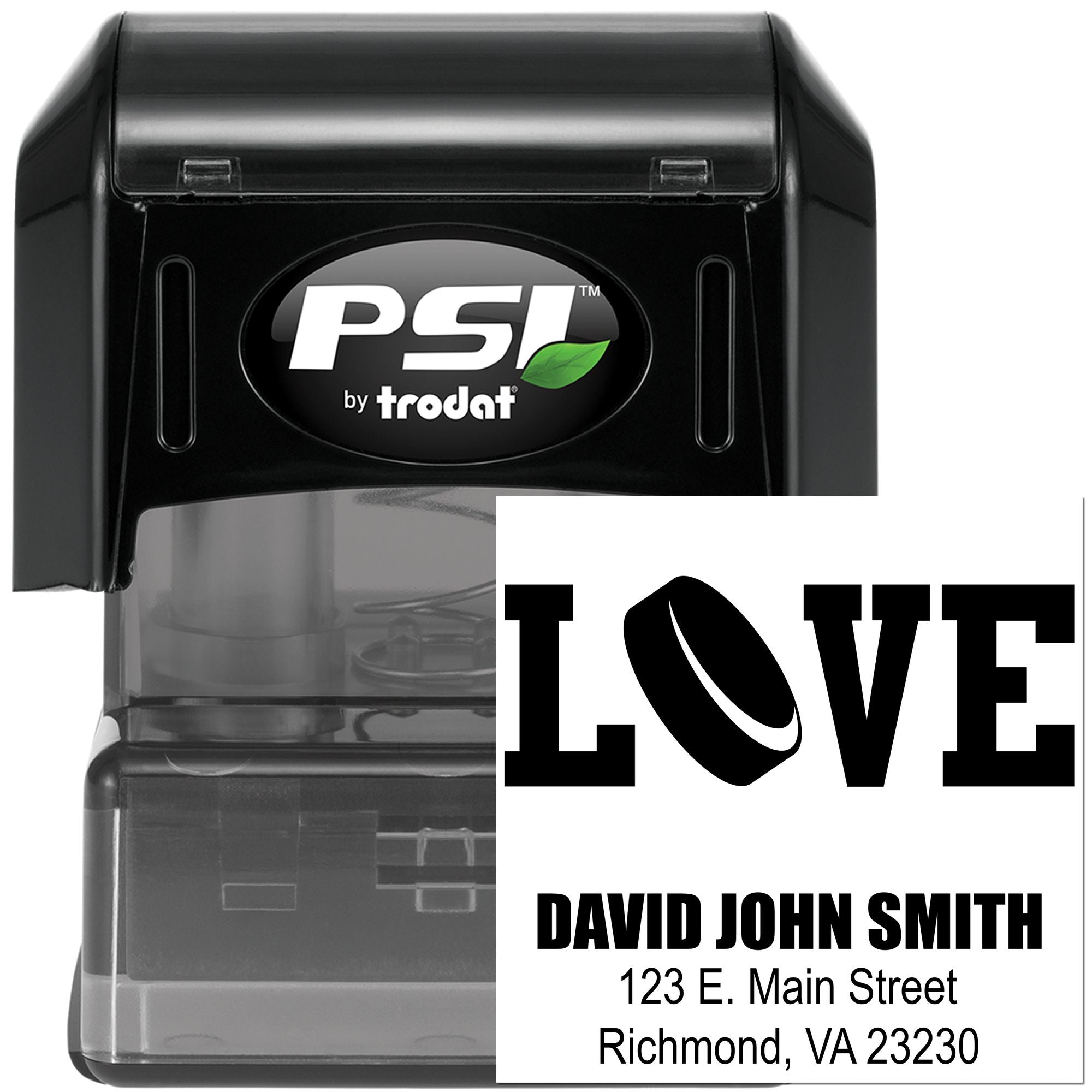PSI by Trodat custom self-inking rubber stamp featuring LOVE design and return address for David John Smith, Richmond, VA.