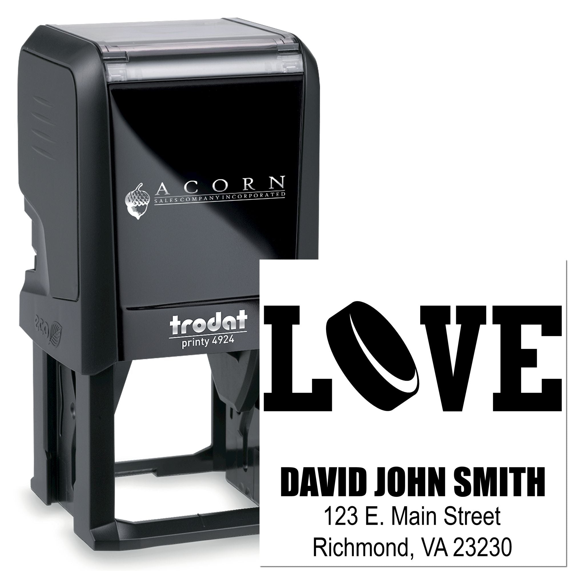 Custom self-inking rubber stamp, Trodat Printy 4924, with LOVE imprint and address text for personalized mailing.