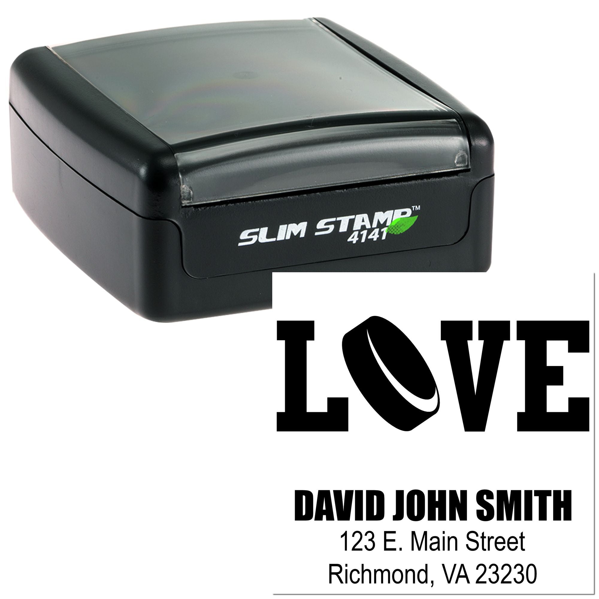 Personalized self-inking rubber address stamp with LOVE logo for mailing, business branding, and custom return address use.