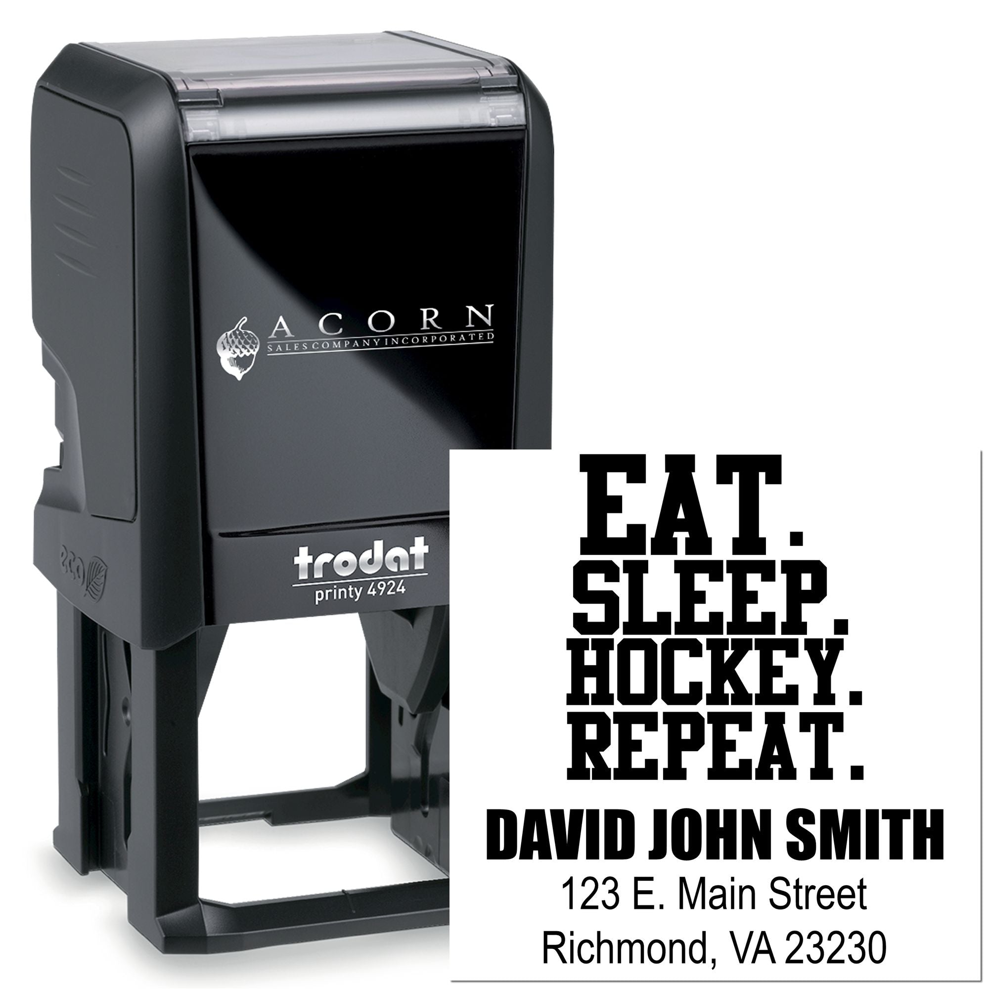 Custom self-inking rubber stamp with return address imprint, ideal for business mailing and branding.