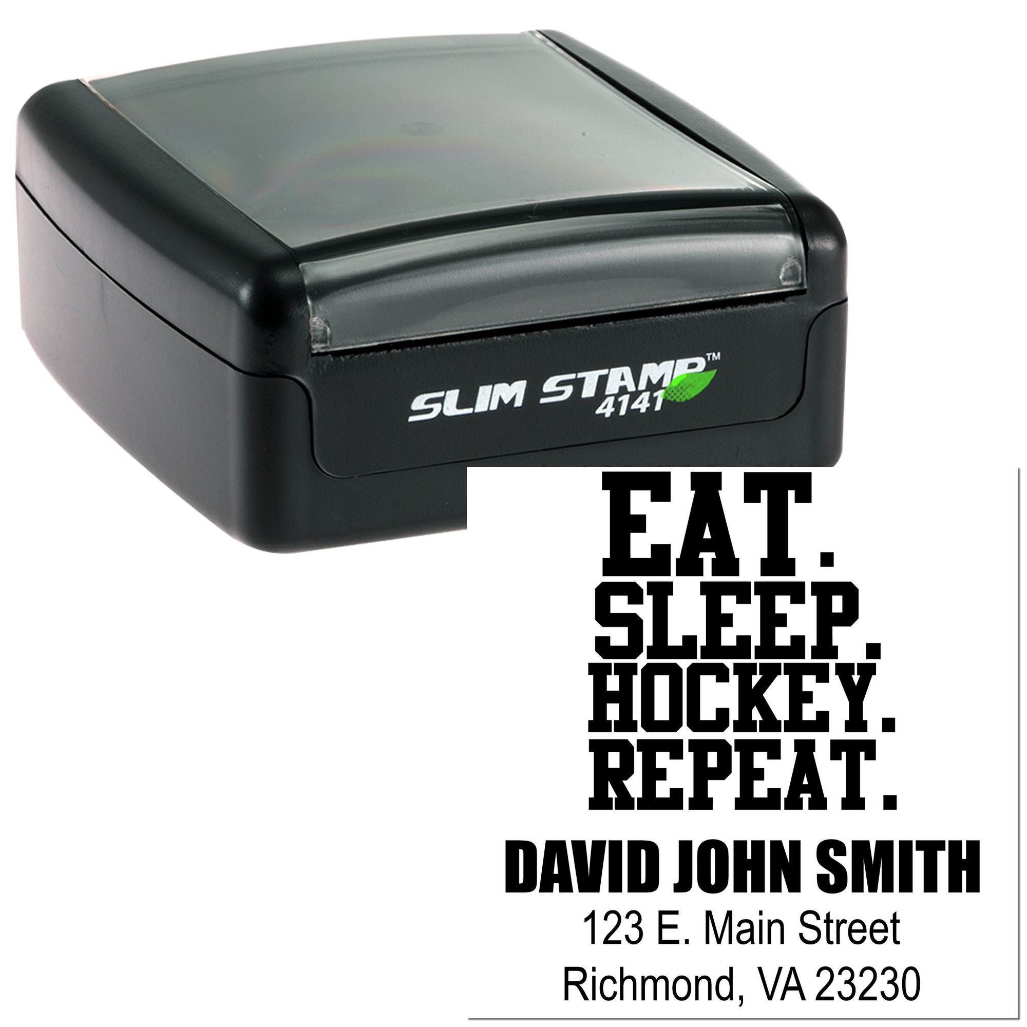 Custom Slim Stamp 4141 rubber address stamp with Eat. Sleep. Hockey. Repeat. and Richmond, VA return address.