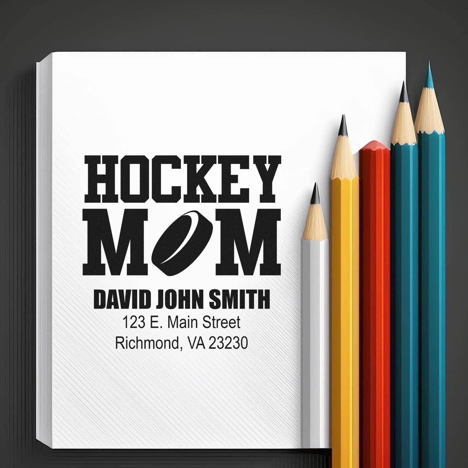 Hockey mom custom rubber stamp with name and address for personalized stationery, scrapbooking, and mailing.