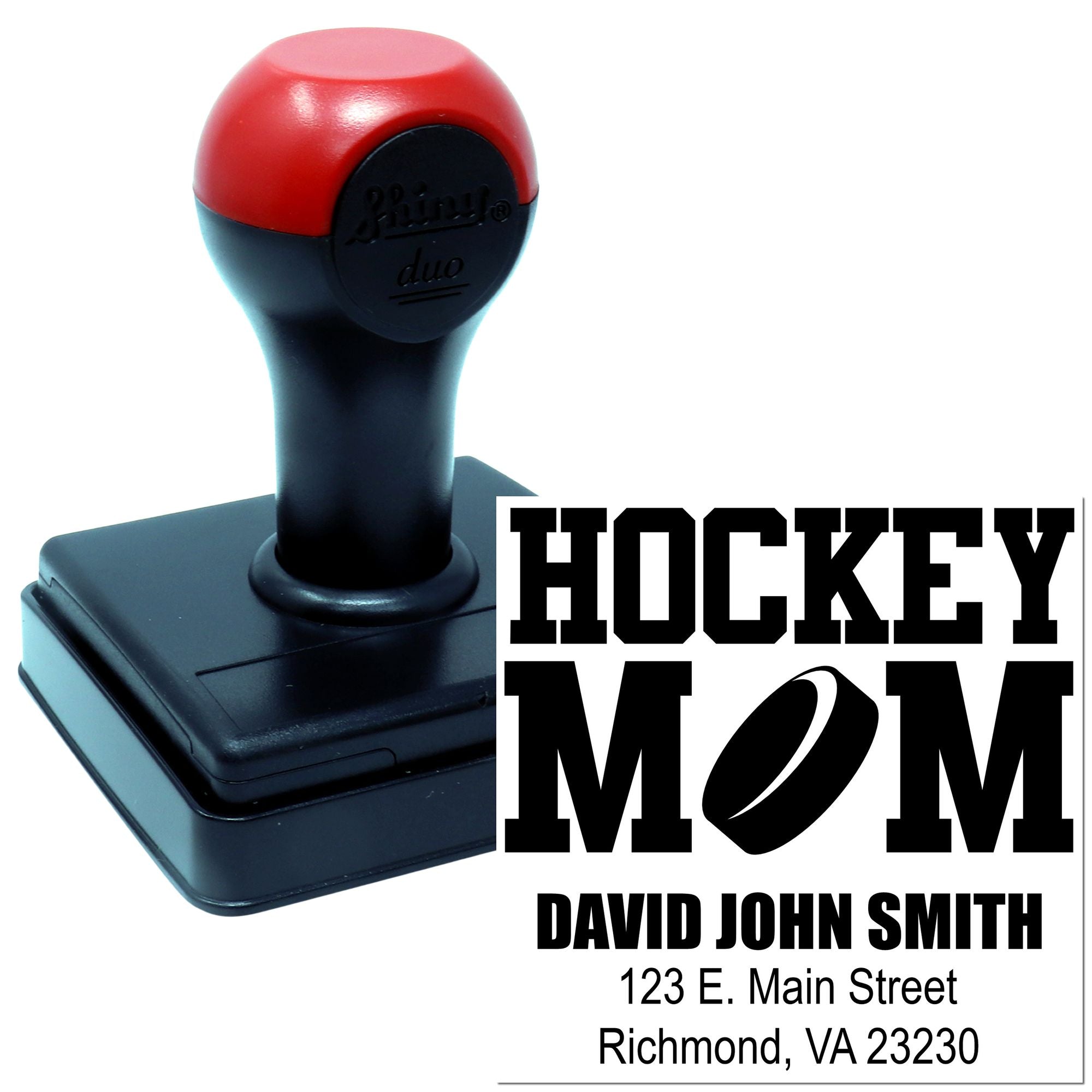 Custom hockey mom self-inking rubber stamp with personalized name and address imprint for stationery and mail.