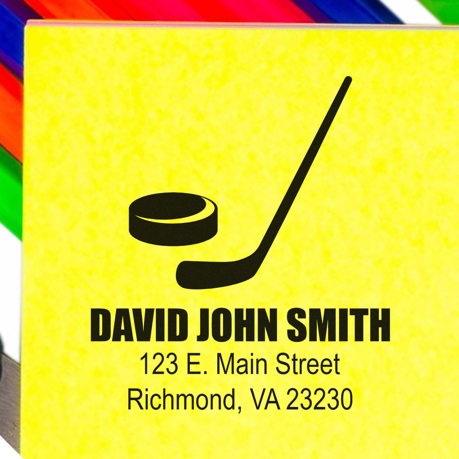 Personalized hockey return address rubber stamp for David John Smith, Richmond, VA 23230.