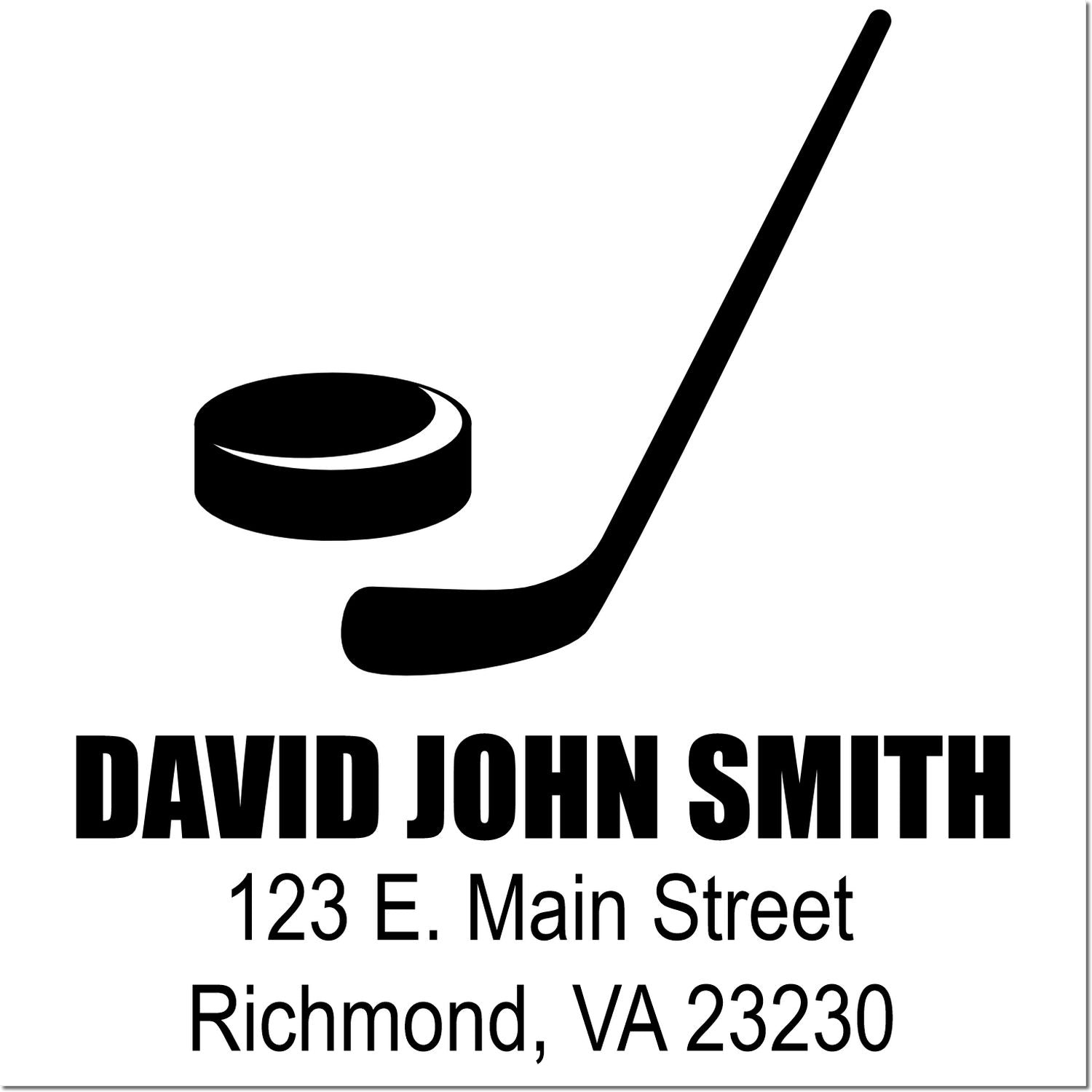 Custom hockey address rubber stamp with puck and stick, personalized for David John Smith, Richmond VA 23230.