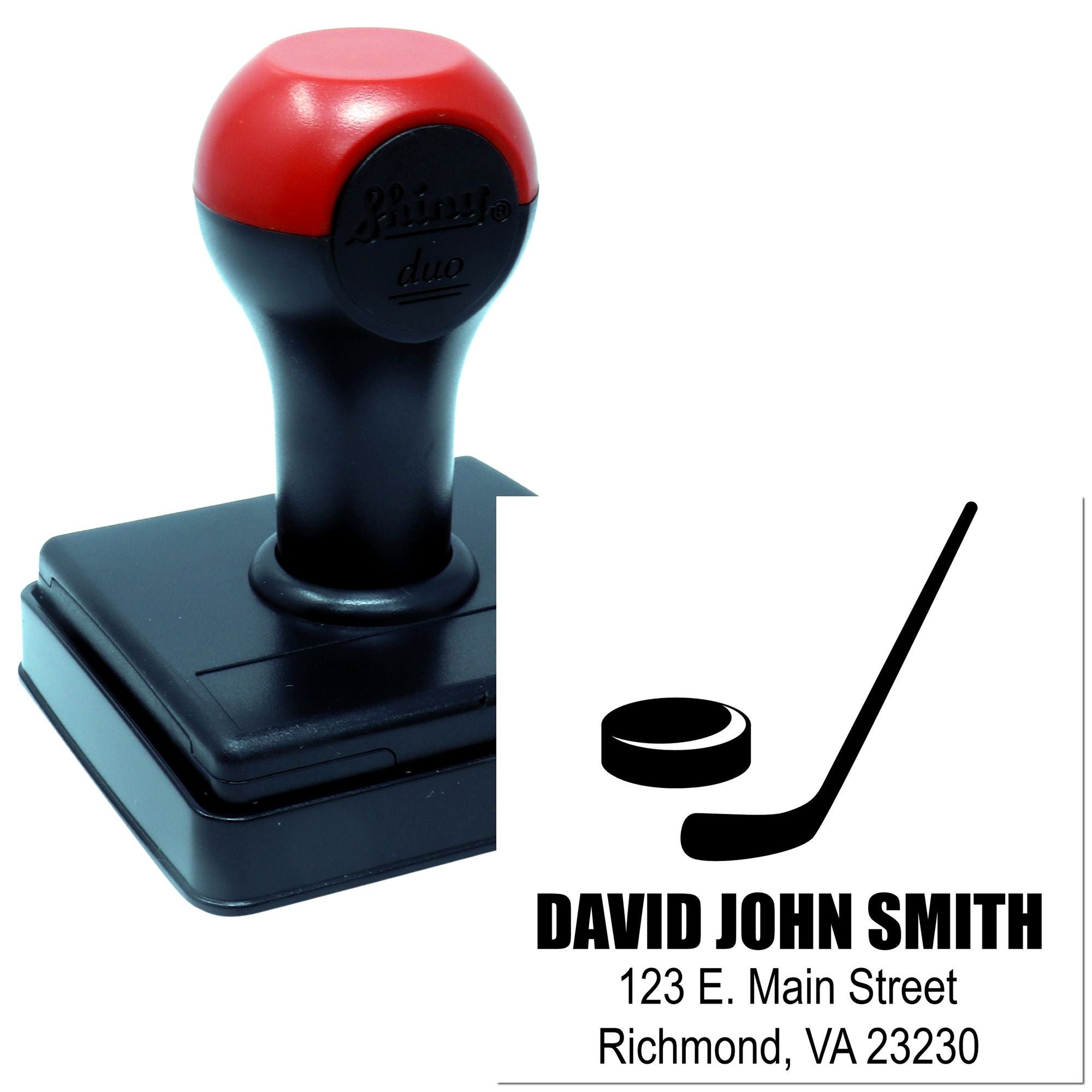 Custom self-inking rubber address stamp with golf logo and name imprint for business or personal mailing.