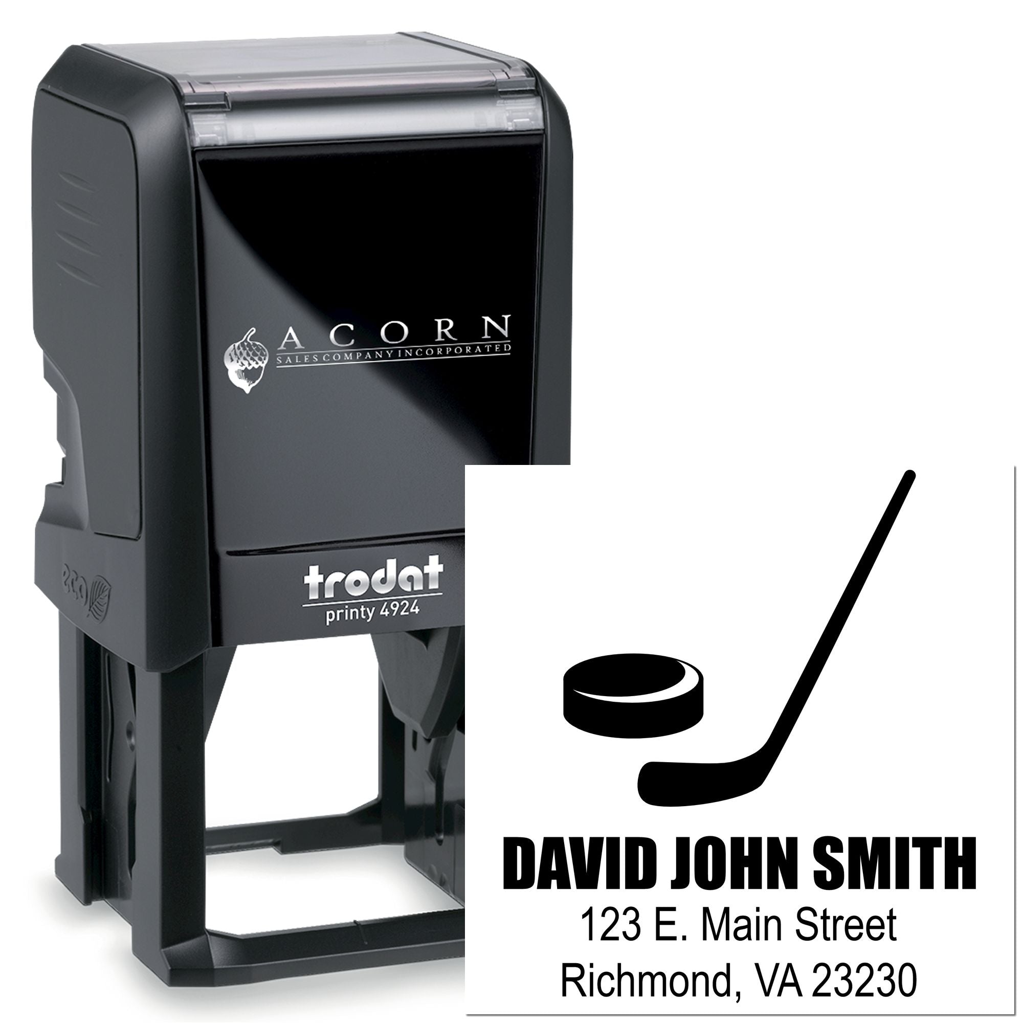 Custom self-inking Trodat rubber stamp with golf icon, name, and return address for personalized business use.