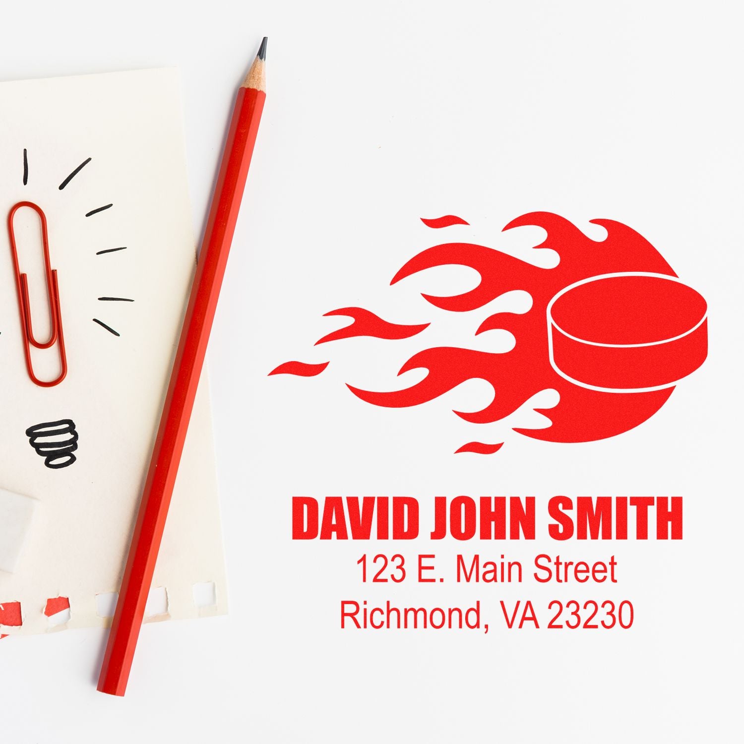 Custom return address rubber stamp design for David John Smith, Richmond, VA, with flame logo.