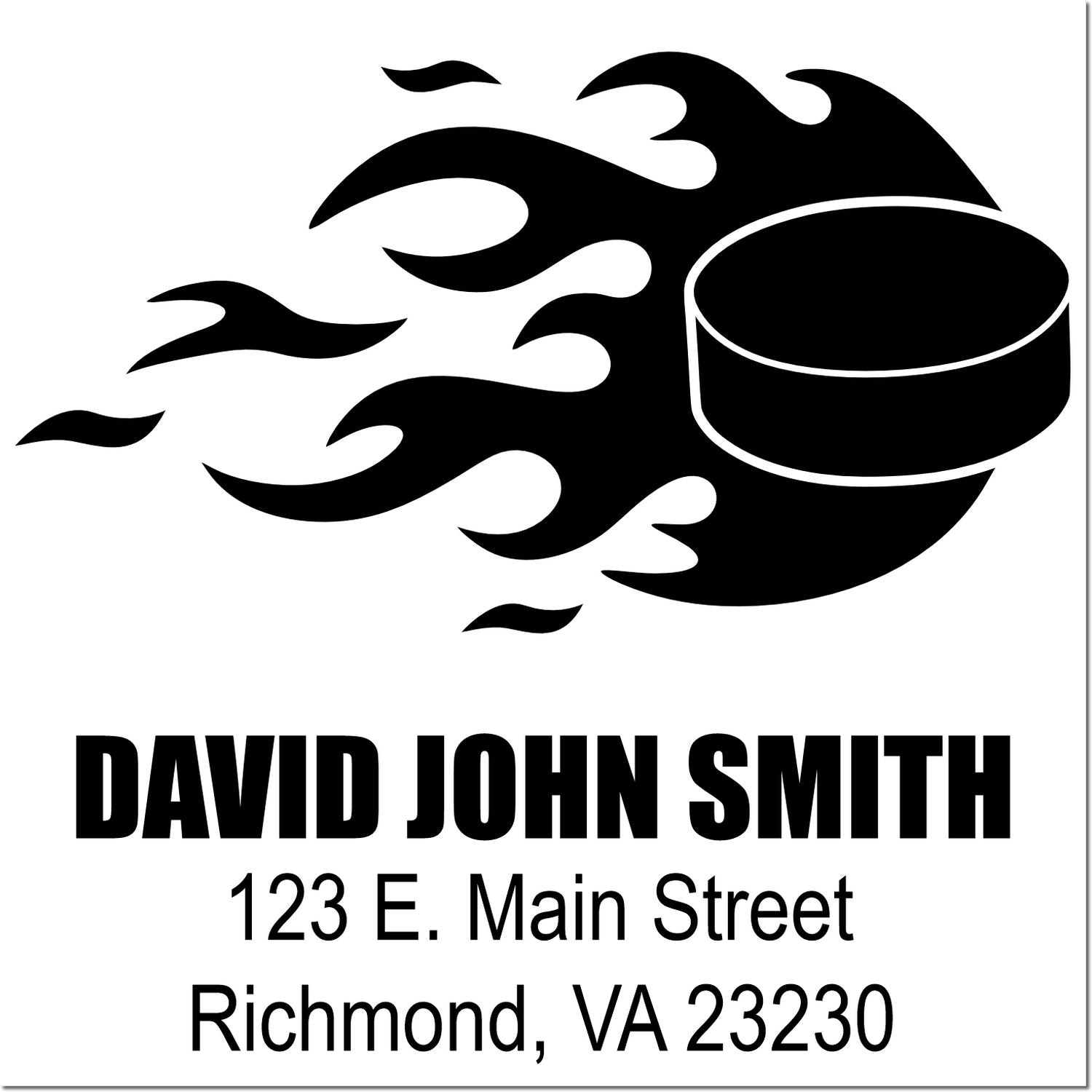 Custom hockey flame rubber stamp with name and address for David John Smith, Richmond, VA 23230.